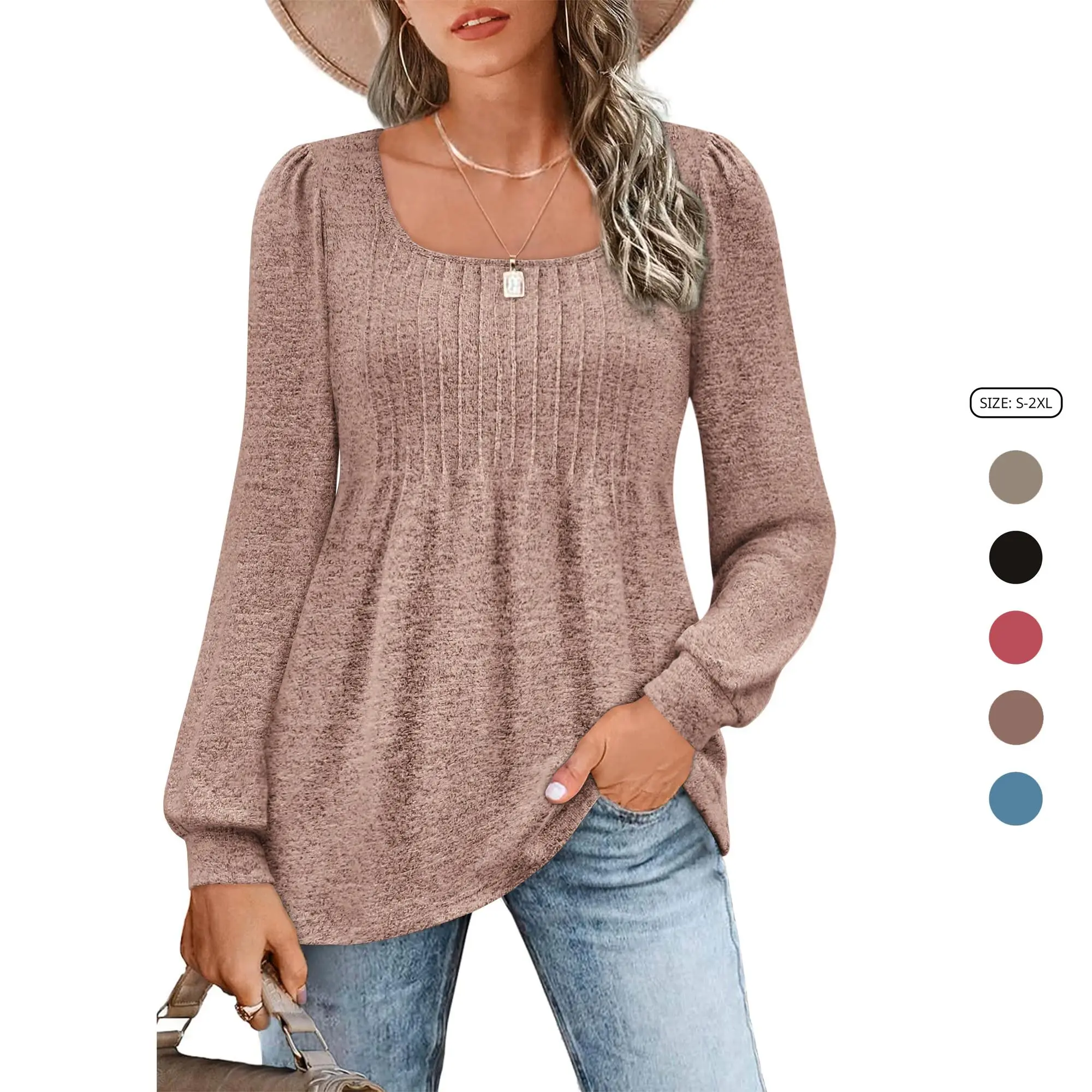 Women's Plain Tunic Top, Puff Long Sleeve Dressy Casual Blouse, Pleated Polyester Rayon Shirt for Lady