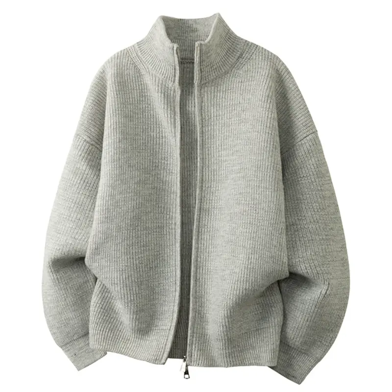 Mens Long Sleeve Stand Collar Full Zip Knit Cardigan - Menswear Casual Textured Thick Loose Drop Shoulder Tops, Warm Cropped Knitwear Outerwear for Fall Daily Commuting, Acrylic Blend