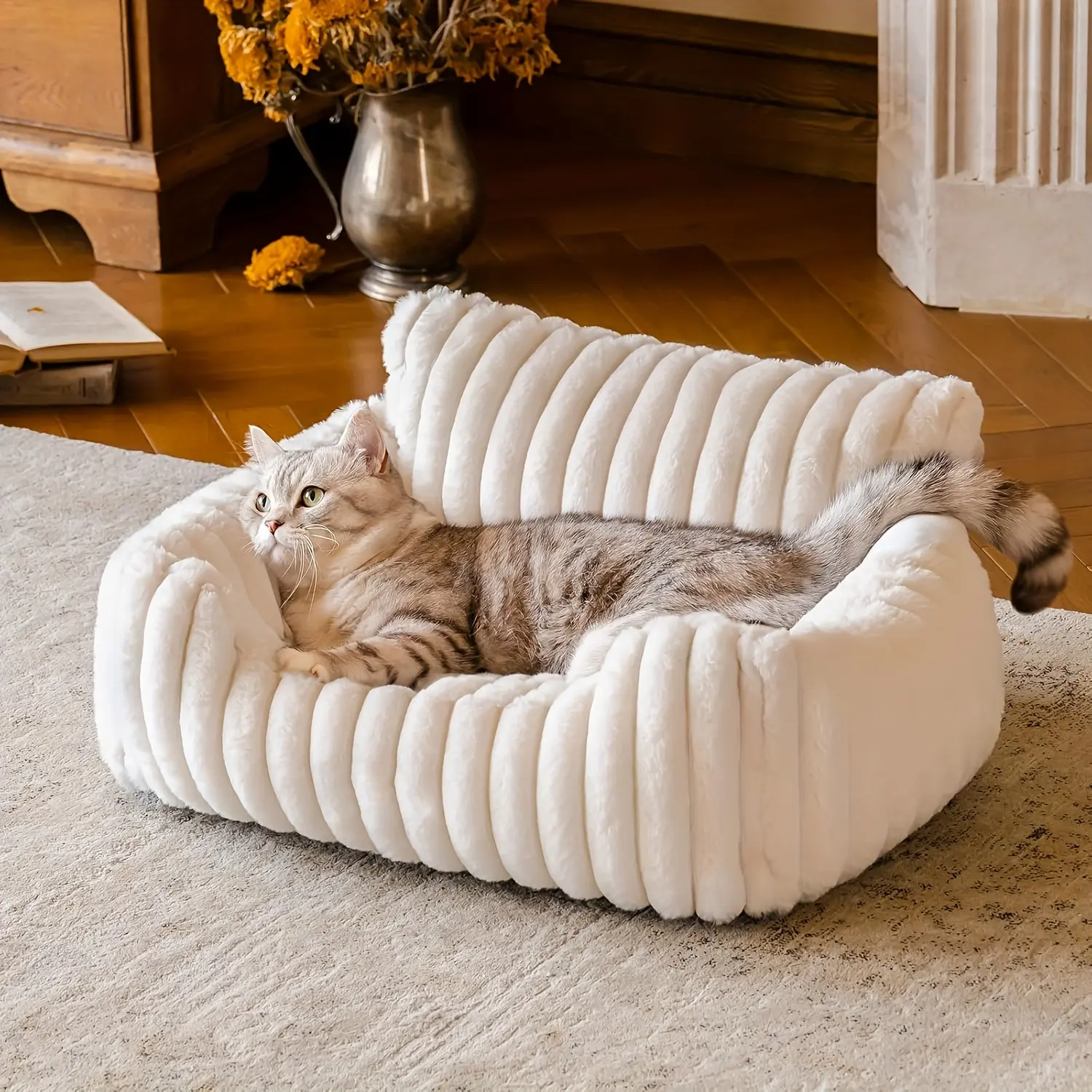 Pet cute cat sofa - fluffy cat bed with high-quality soft corduroy fluff, plush sofa bed for indoor cats, strong support and no collapse