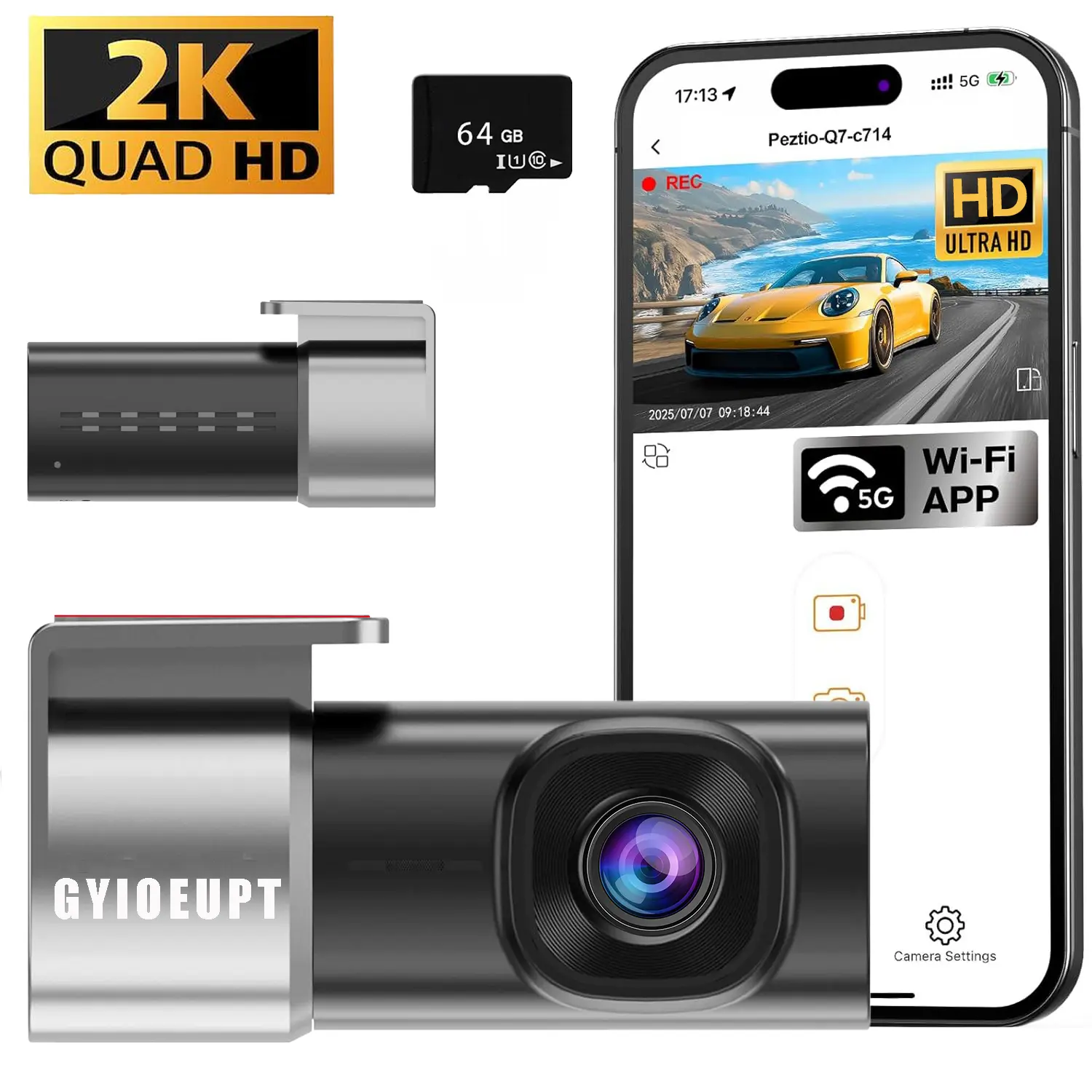 2K Dash  FHD Ultra Slim Wired  Driving Recorder 5G WiFi App Control 24 Hour Parking Mode Loop Recording 64GB Card Included Quad HD Hidden  Camera  Accessories  Gadgets Vehicle  Road Trip Essentials  Interior Accessories For All sohochic