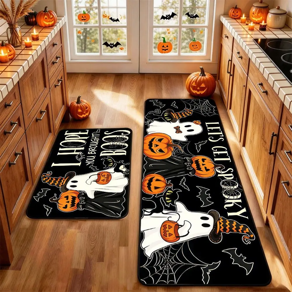2 Pcs Halloween Kitchen Bathroom Rug Mat, BOO Terrifying Skeleton Horror Pumpkin Bat Spider Web Wizard Floor Mat Set, Farmhouse Non Slip Home Decor Rug