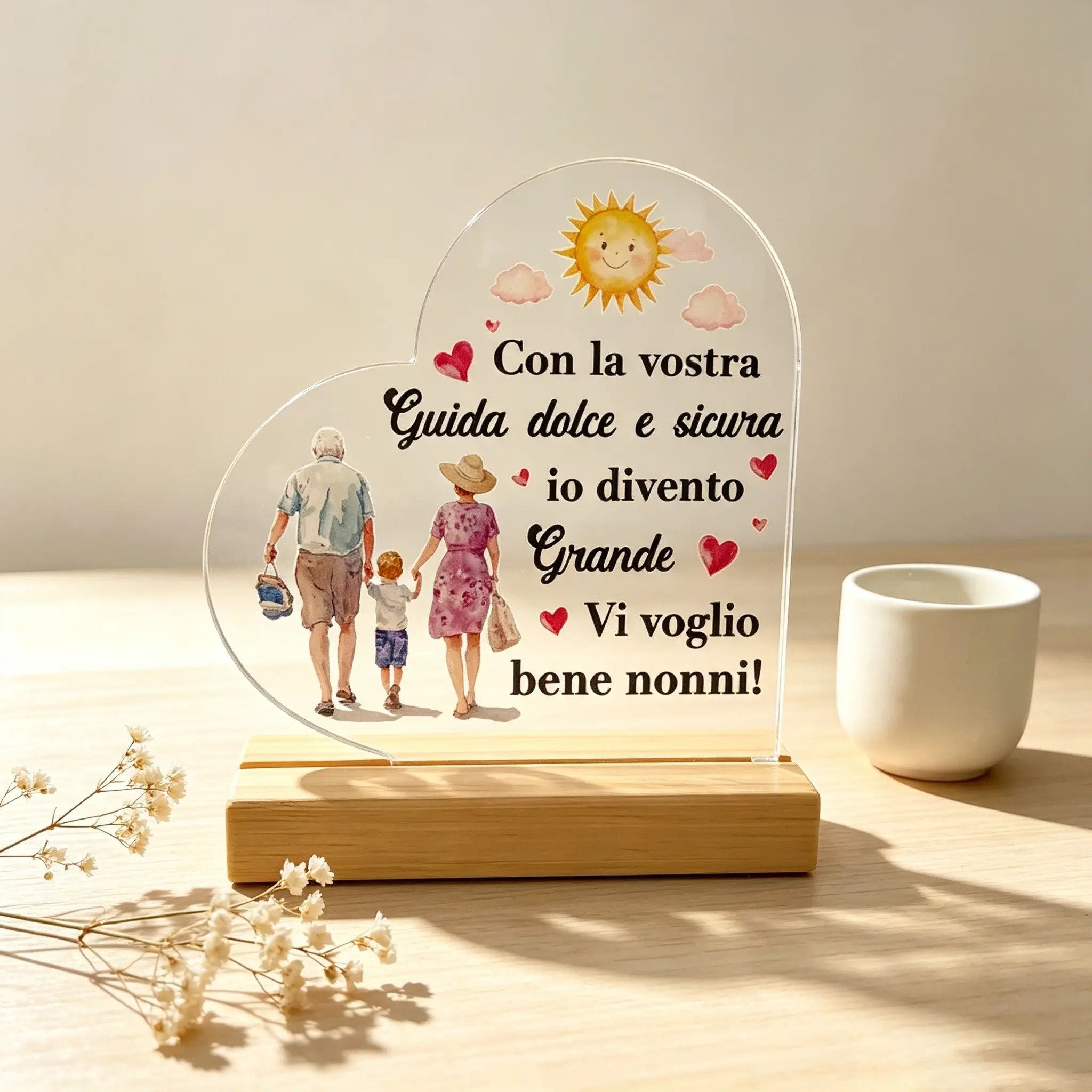 Italian Heart Crystal Sign with Wooden Base, Desktop Decoration for Home, Farmhouse, Living Room, Gift Idea, Sweet and Safe Guidance