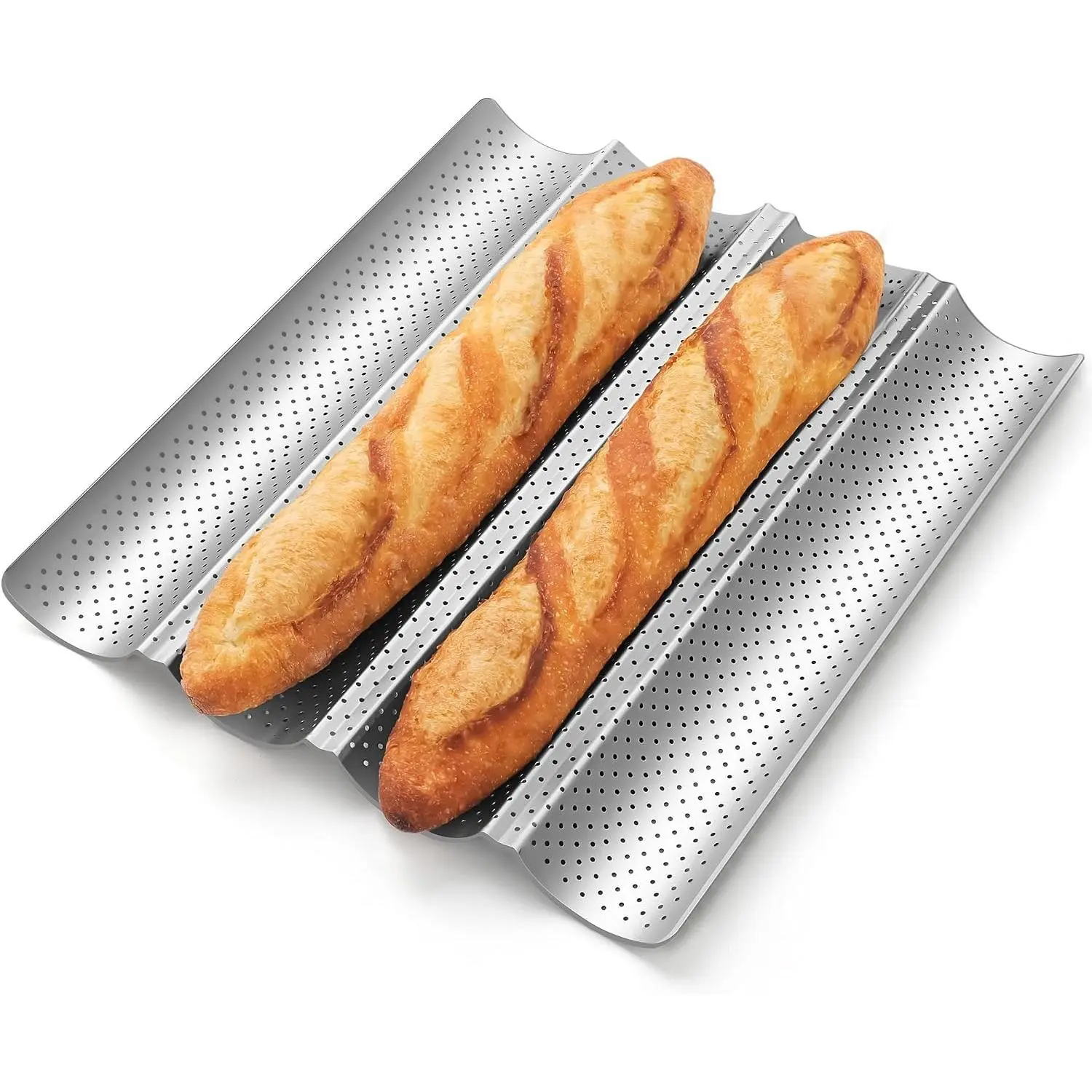 Pavsrmy Baguette Bread Pan, Premium Nonstick Perforated Baguette Pan for French Bread Baking, 4 Loaves Baguette Baking Tray for Sourdough, Italian Bread, Perfect for Creating Crisp Golden-Brown Crust