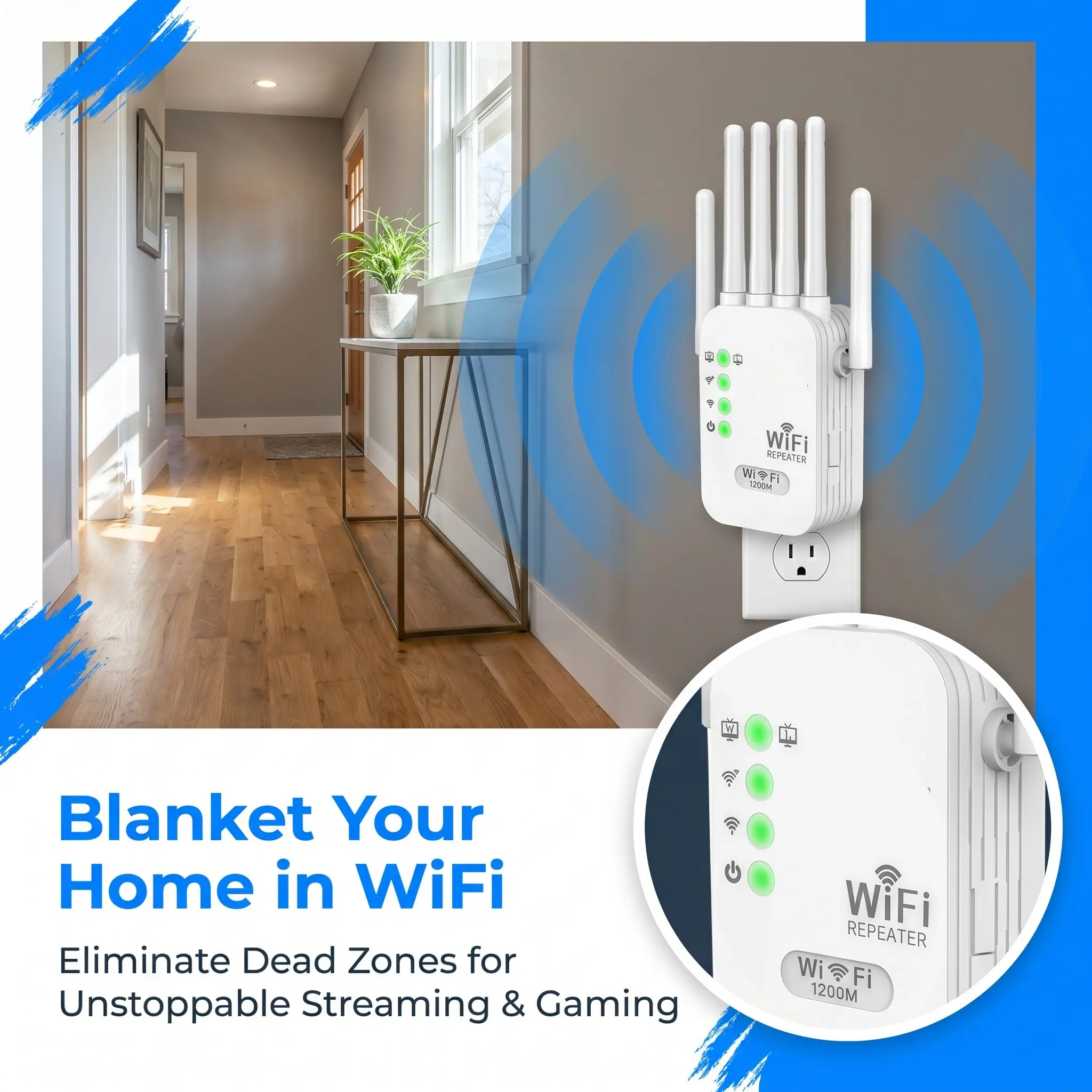 Covering 1500ft whole house WiFi, 1200Mbps high-speed extender, Wifi extender booster, 6 high gain antennas dual band 5GHz/2.4GHz signal enhancement, with Ethernet ports, easy connect multiple devices, plug and play, no dead corners