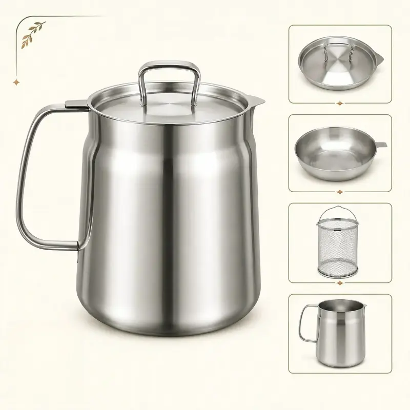 304 Stainless Steel Deep Fryer Pot with Basket & Strainer, Large Capacity Bacon Grease Container for Kitchen,Frying, Cooking, Camping,Oil Filter Container - Dishwasher Safe