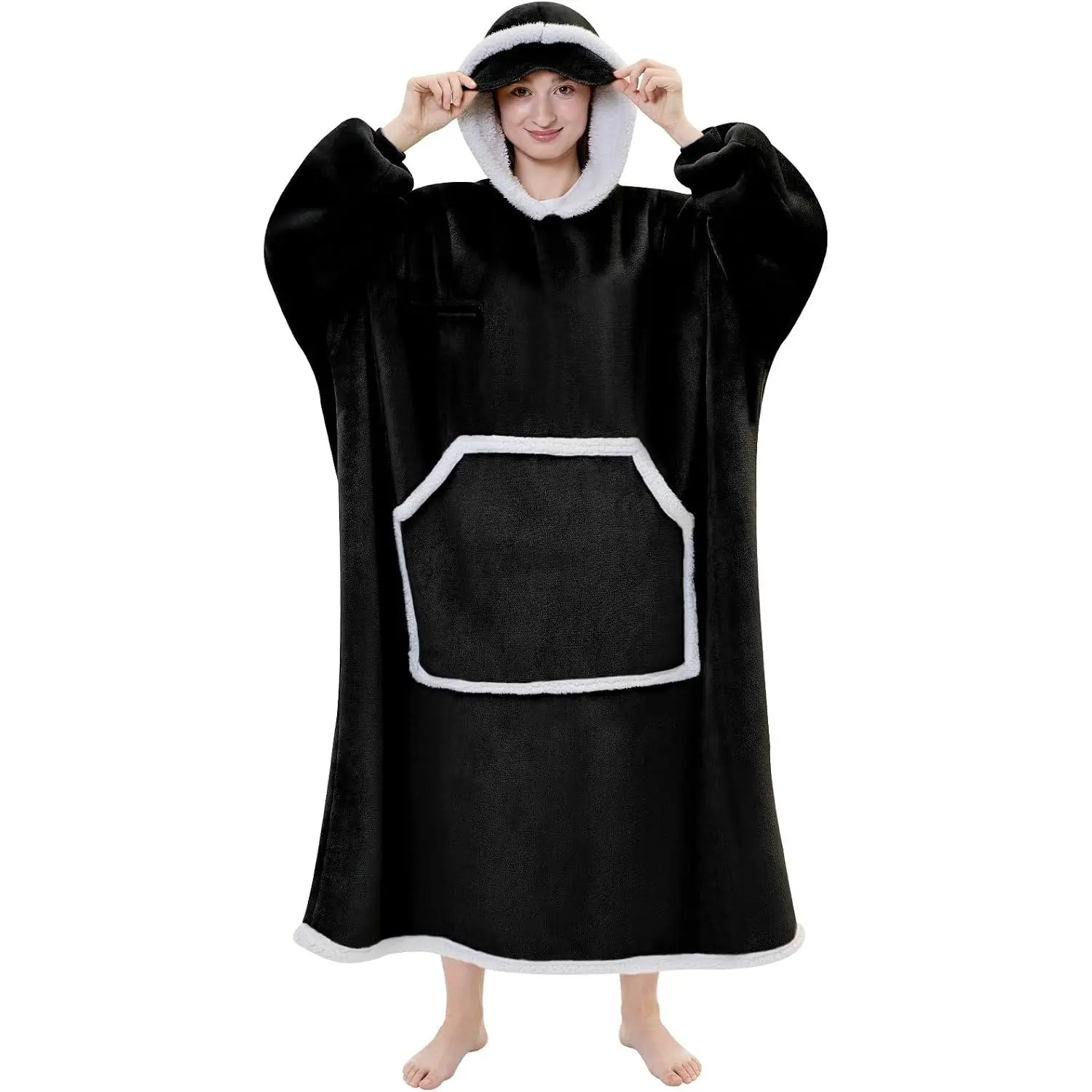Wearable Blanket Hoodie, Oversized Fleece Hooded Sweatshirt with Eye Mask, Cozy and Giant Blanket Hoodie with Sleeves Long for Adults Men Women, Black