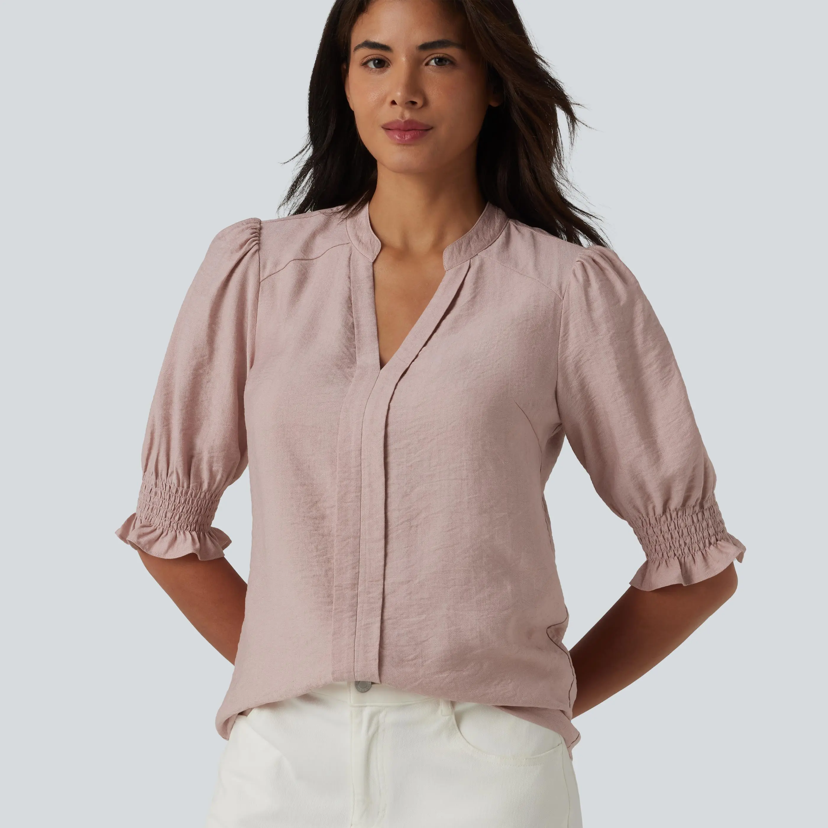 Halara V Neck Puff Short Sleeve Casual Blouse