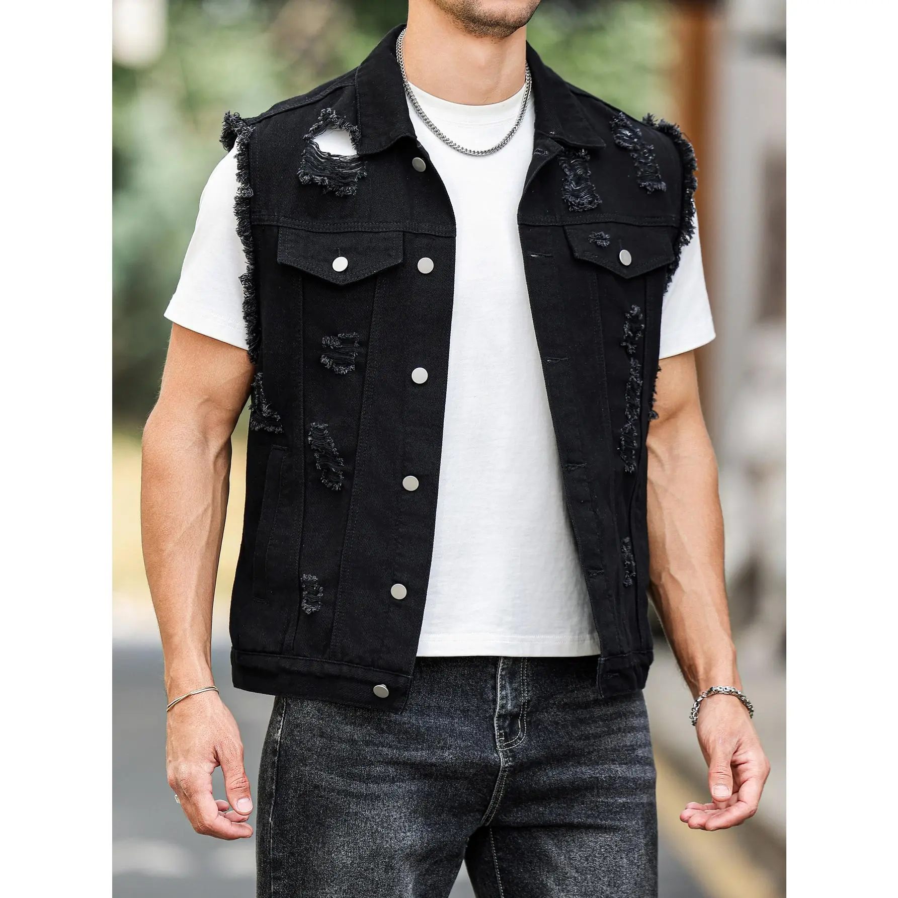 Men's Heavyweight Cotton Distressed Black Biker Denim Vest - Hand-Shredded Details, Frayed Edges, Streetwear Tops with Pockets, Plain Waistcoat with Premium Fabric & Cool Vibe, Tee, Sleeves