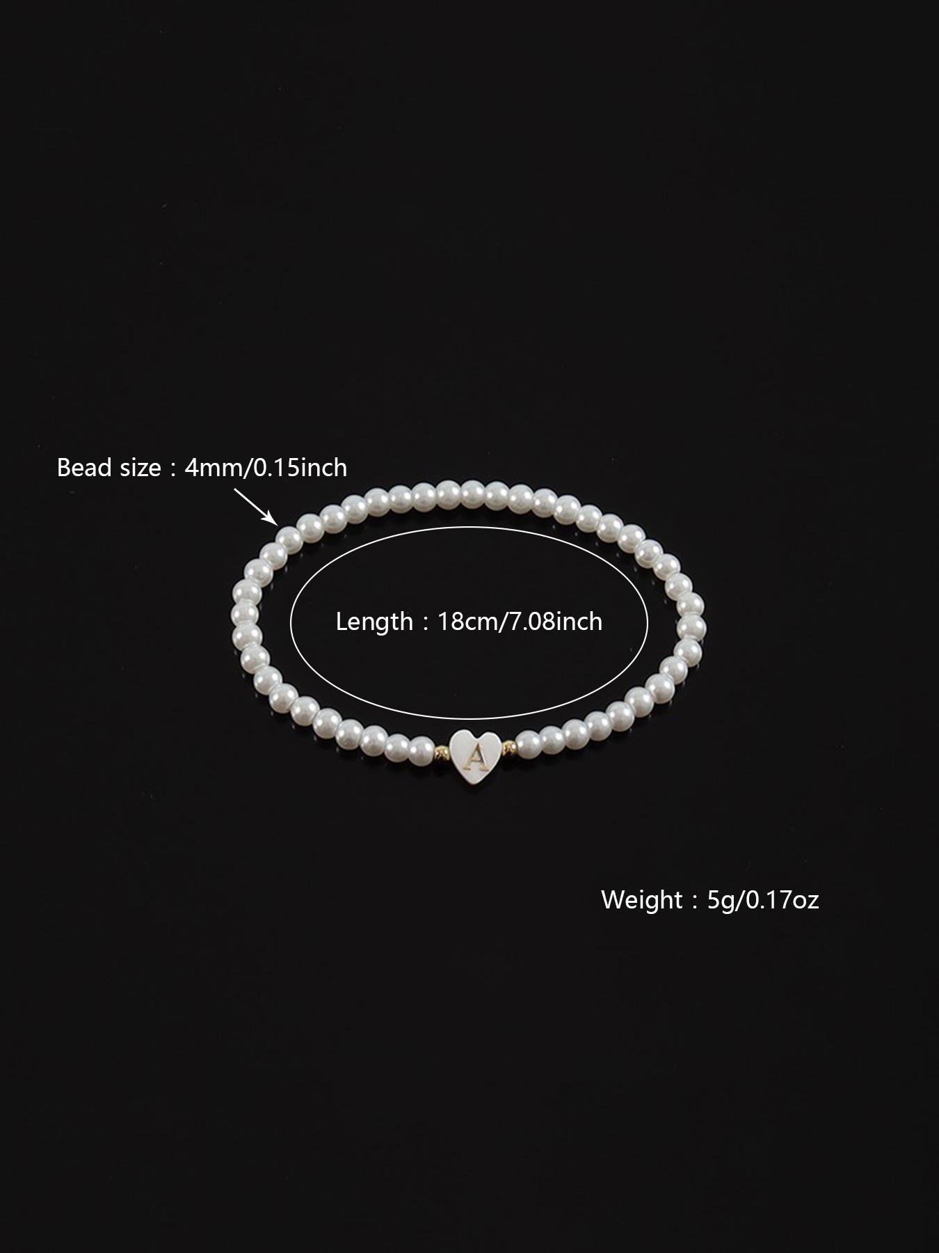 Women's Elegant Faux Pearl Decor 26 Letter & Heart Design Bead Bracelet, Trendy Exquisite Matching Bracelet, Chic Gorgeous Cute Jewelry As Gift for Girlfriend, Pearls Beaded, Pretty Bracelet
