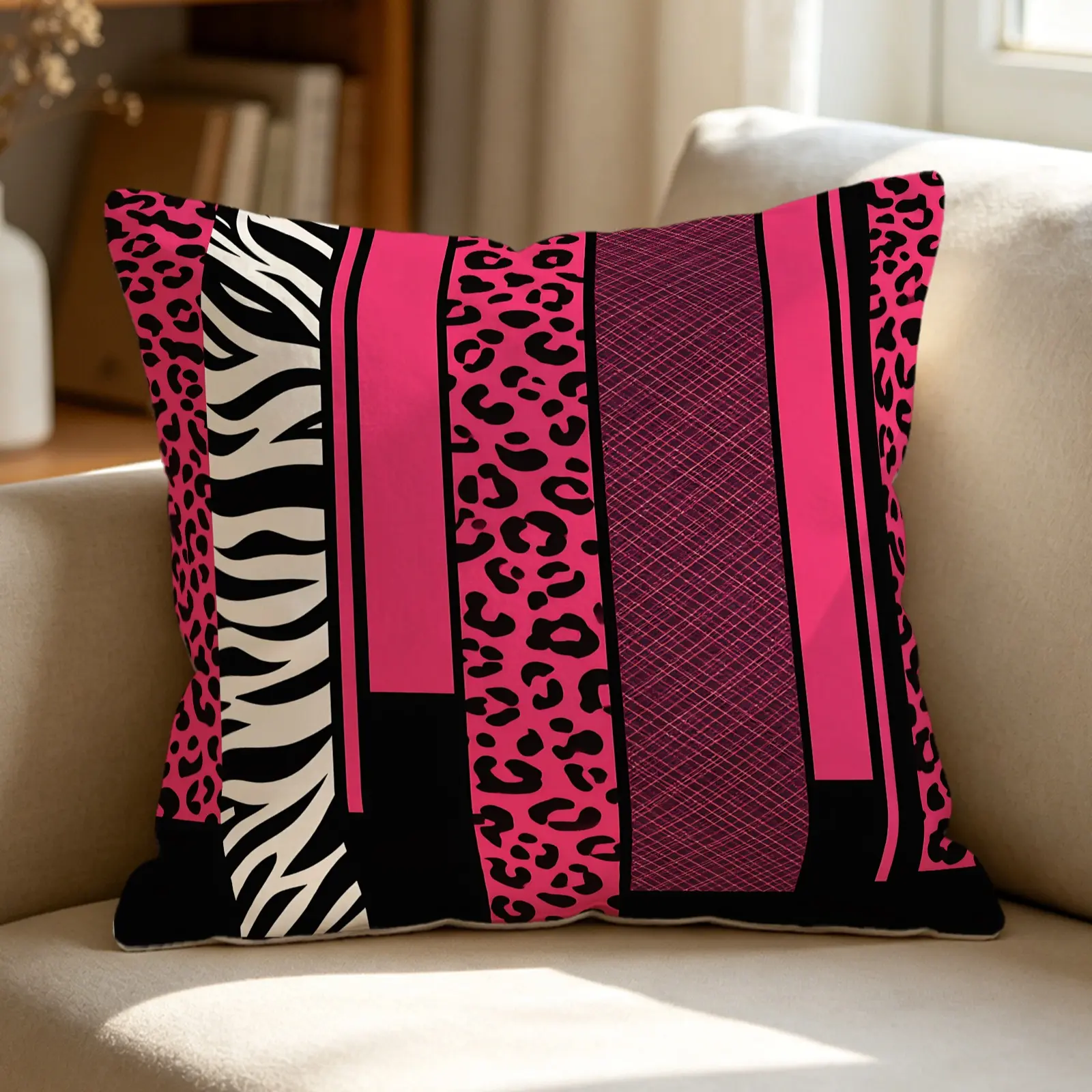 Hot Pink Leopard Zebra Stripes Print Throw Pillow, Polyester Fiber Cushion, Accent Pillow Includes Pillow Core, Digital Printed Sofa Pillowcase Insert Combo for Couch Bedroom Dorm, Home Decor & Holiday Birthday Gift for Wom