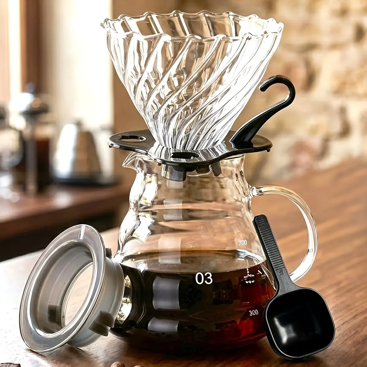 Heat-Resistant Borosilicate Glass Coffee Pot Three-Piece Set, Detachable Handle Filter Cup, Transparent Drip Coffee Pot, Clear Pour Over Coffee Maker, Ideal for Home, Office, and Café, Three Size Options Available, Coffee Brewer, Coffee Equipment
