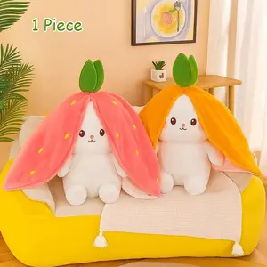 🐰 Light Up Reversible Strawberry Bunny Plush Toy with Music ｜ Glow in the Dark Carrot Rabbit Stuffed Animal Night Light for Kids
