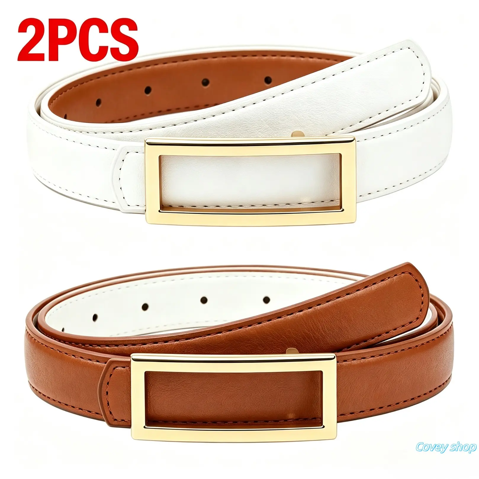 Women Reversible Skinny Leather Belt, Two-in-One Design With Hollow Golden Buckle, Fashion Waist Strap For Dresses And Jeans, Daily Casual Decorative Waistband