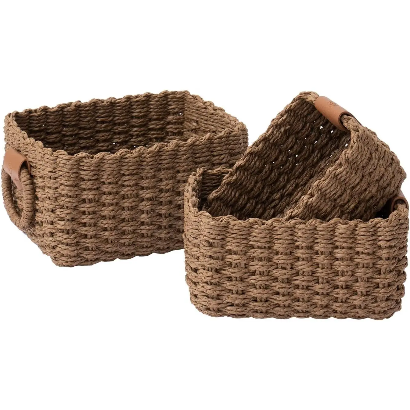 Woven Storage Baskets, Recycled Paper Rope Bin Organizer Divider for Cupboards Drawer Closet Shelf Dresser, Set of 3 (Brown)