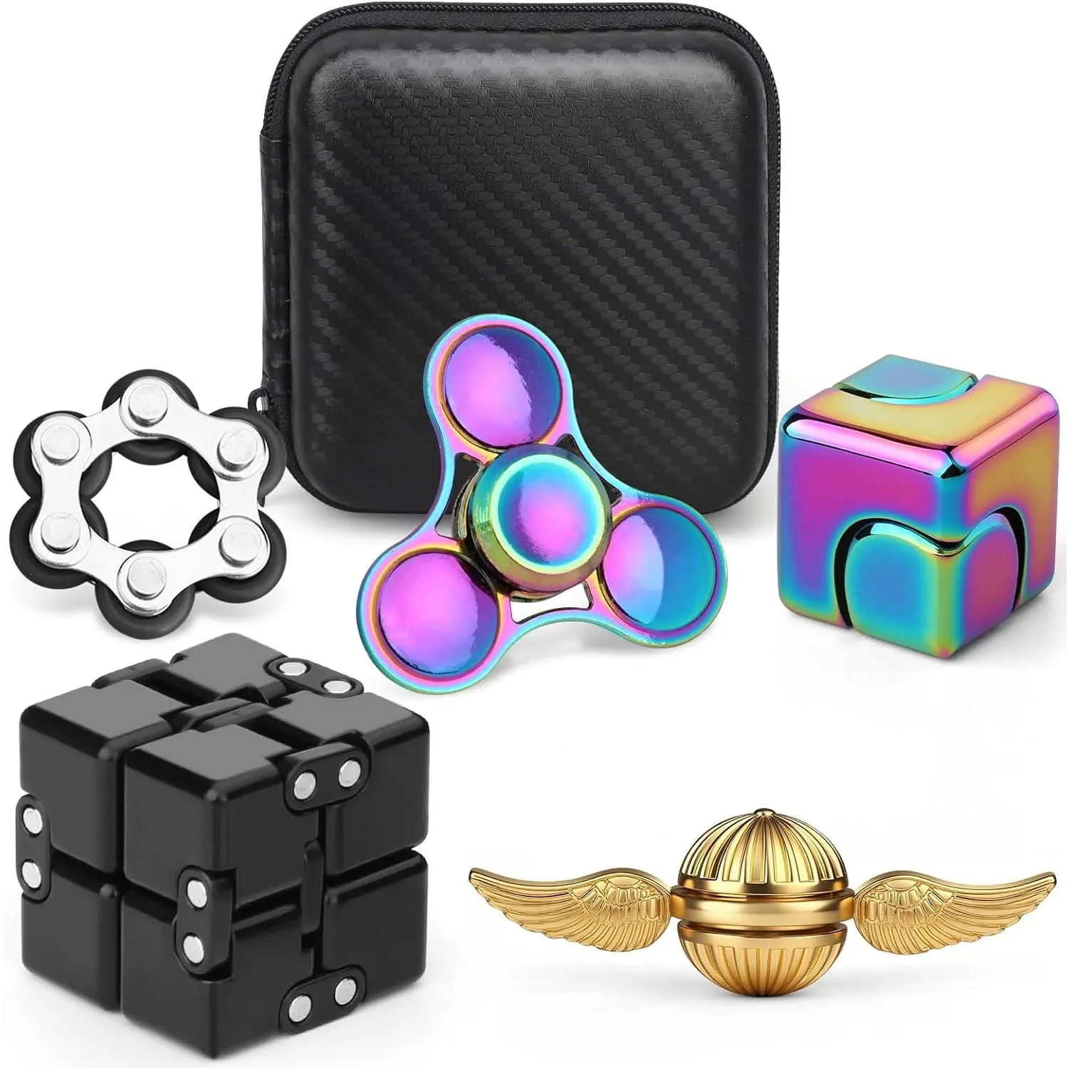 5PCS Fidget Toys Set for Adults, Sensory Pack with Fidget Chain, Infinity Cube, Fidget Spinner Cube, Orb Sphere, Metal Rainbow Spinner, Stress Relief Desk Gadget for Office, Christmas Birthday Giftfidget toys