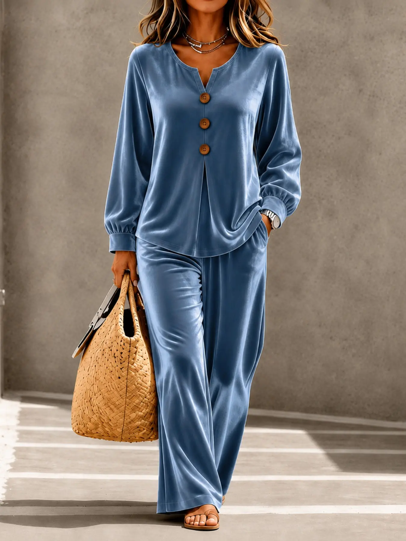 Women's Velvet 2-Piece Set, Long Sleeve Button V-Neck Top with Pockets, Wide Leg Pants, Loose Fit Casual, Comfortable and Stylish, Elegance