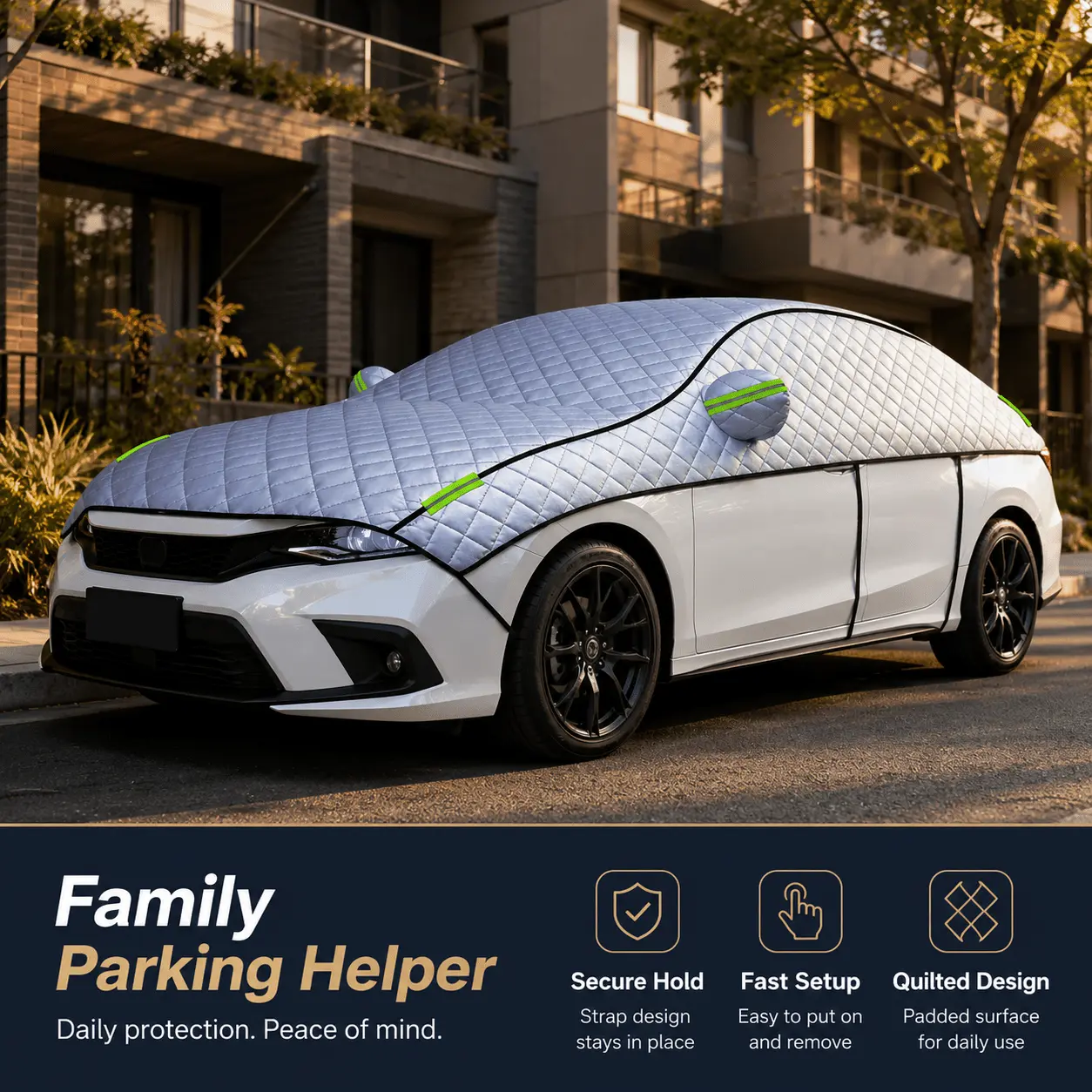 Quilted Cloth Half Car Cover with Hood Coverage, Roof Glass & Rear Upper Area Protection, Neat Edges, Stable Straps, Compact Folds & Quick Setup, Compatible with Honda Civic, Accord, CR-V, HR-V, Pilot