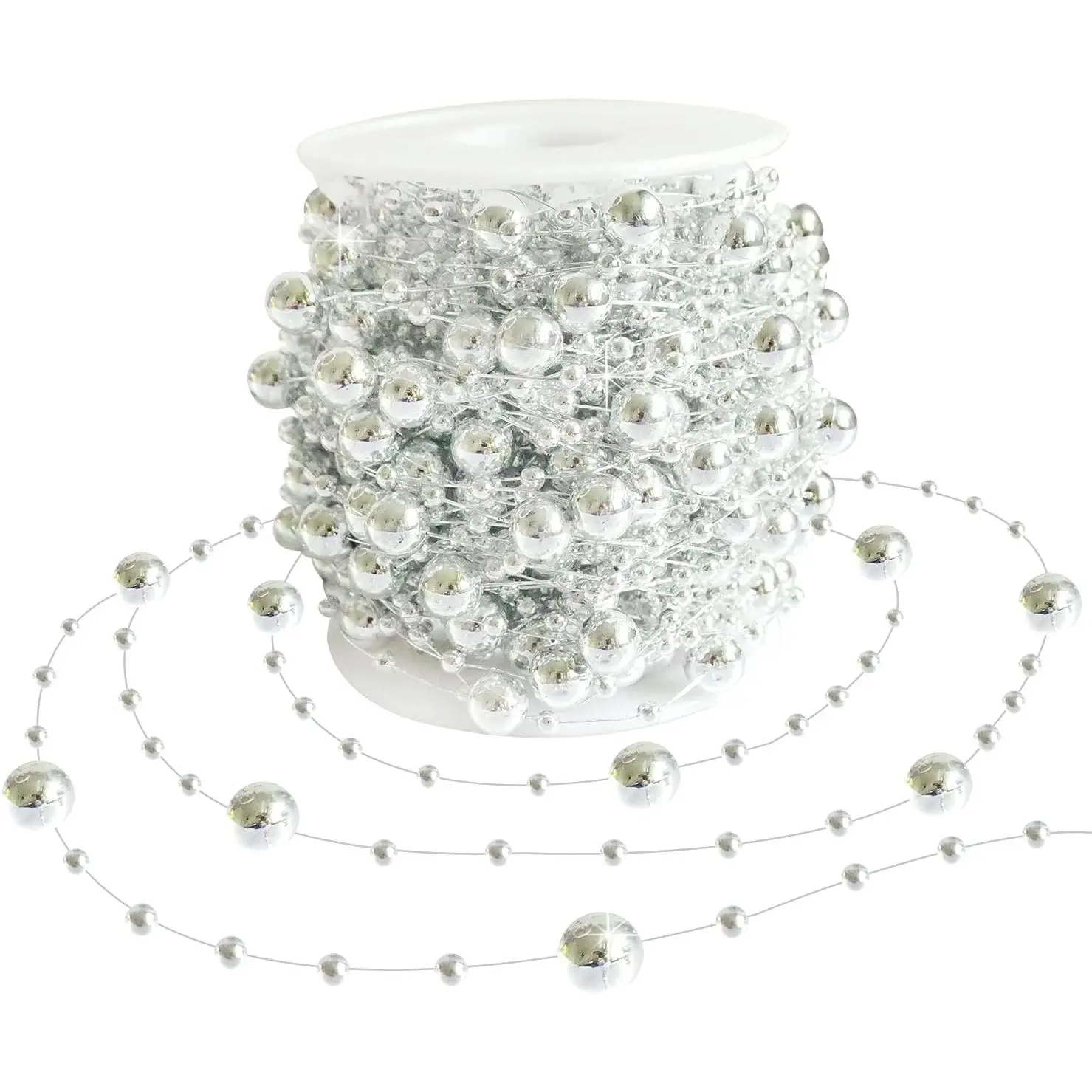 Silvery Plastic Beads Christmas Tree Garland Decoration - 66 Flexible Big/Small Mix Strands Chain for Modern Christmas Tree Decor, Holiday Crafts