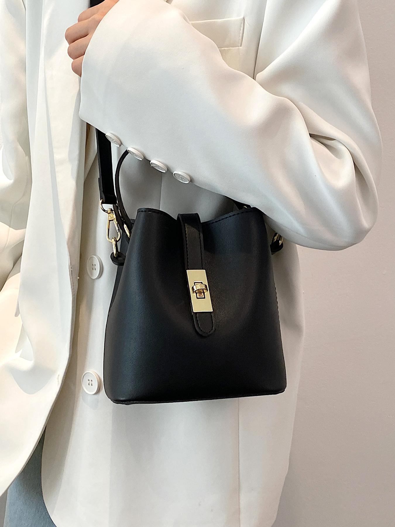Niche design bucket crossbody bag, simple textured metal buckle decorated single shoulder crossbody handbag, fashionable and versatile daily commuting essential item, large capacity suitable for office workers, shopping, etc.
