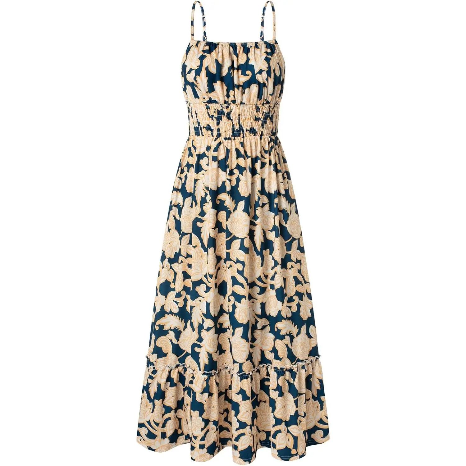 Women's 2026 Smocked Tropical Floral Print Spaghetti Straps Maxi Dress - Casual Vacation Sundress with Adjustable Details, Pocket, Drape, Ditsy, Stretchy Fabric, Flexible, Elegant Sleeveless Boho Outfits Boho Style Dresses