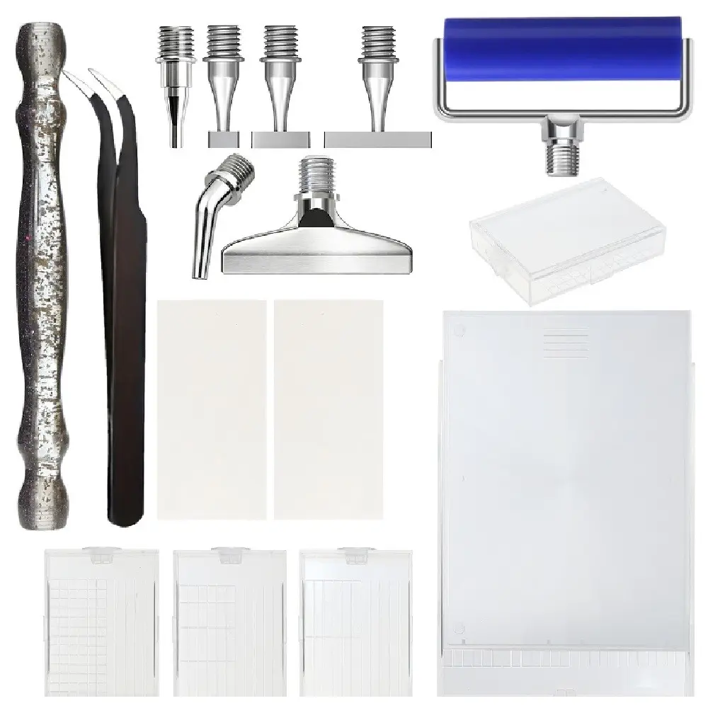 DIY Diamond Painting Brush Tool Kit, Stainless Steel Tips, Bendable Pen Tips, 4-In-1 Tray with Lid and Tweezers, Adhesive Dotting Tool