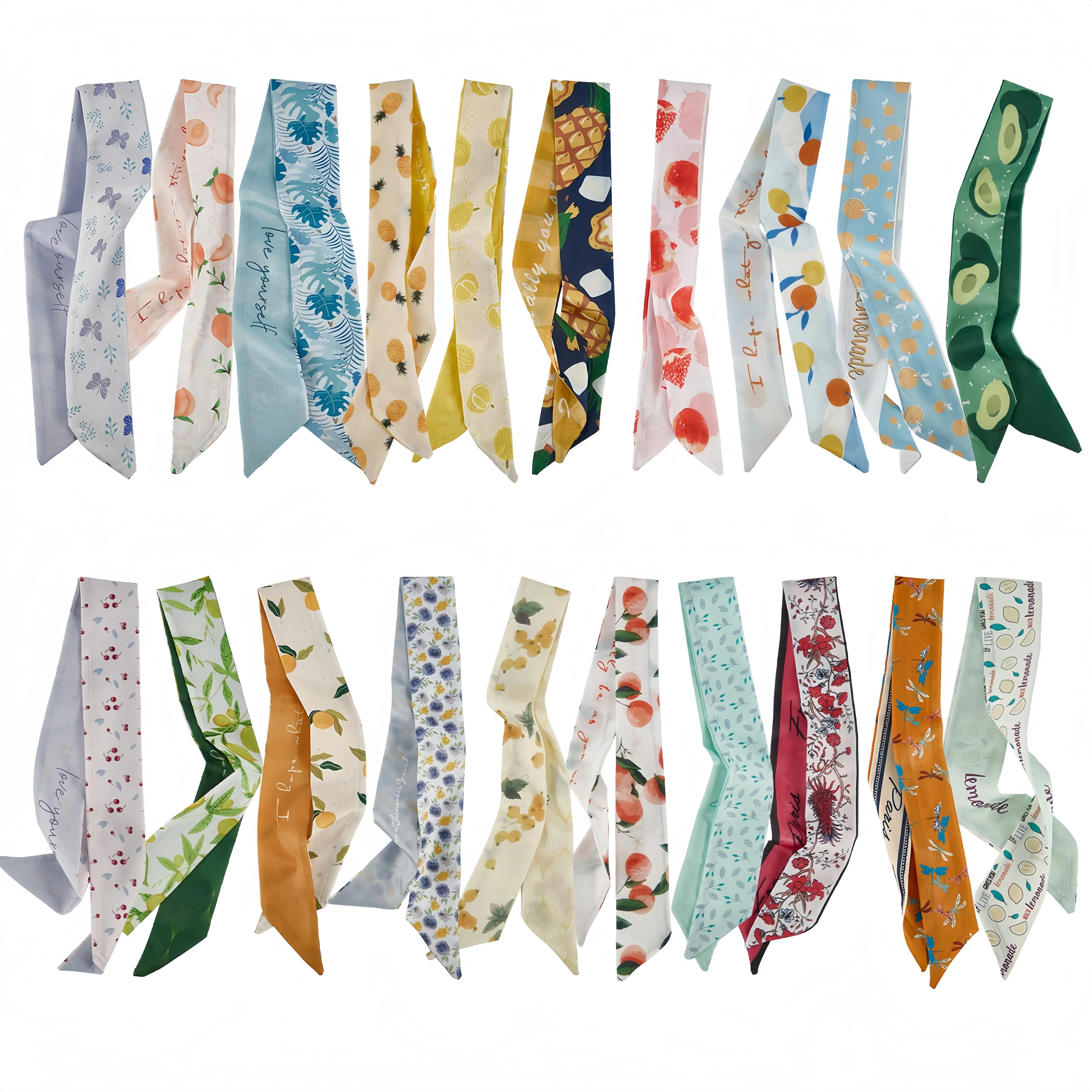 20-Pack Women's Fashion Scarf Set, Casual Fruit & Plants Print Silk-Like Polyester, Versatile Ribbon for Hair, Neck & Bag, 35.46 x 2.12 inches, Daily, 20-Count, Unisex, Bandana Style, 35.46X2.12", Fade Resistant, Rectangular, Ribbon Shape, Advanced Dyeing
