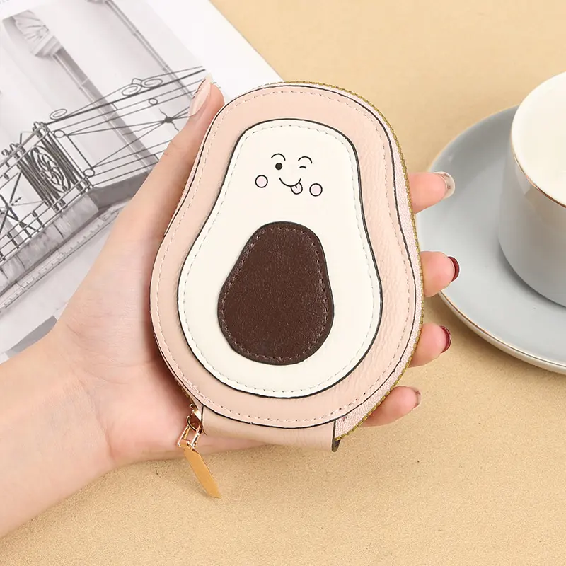 Cute Cartoon Avocado Card Holder Small Zipper Coin Purse Mini Leather Accordion Wallet for Women Girls Daily Travel Card Bag