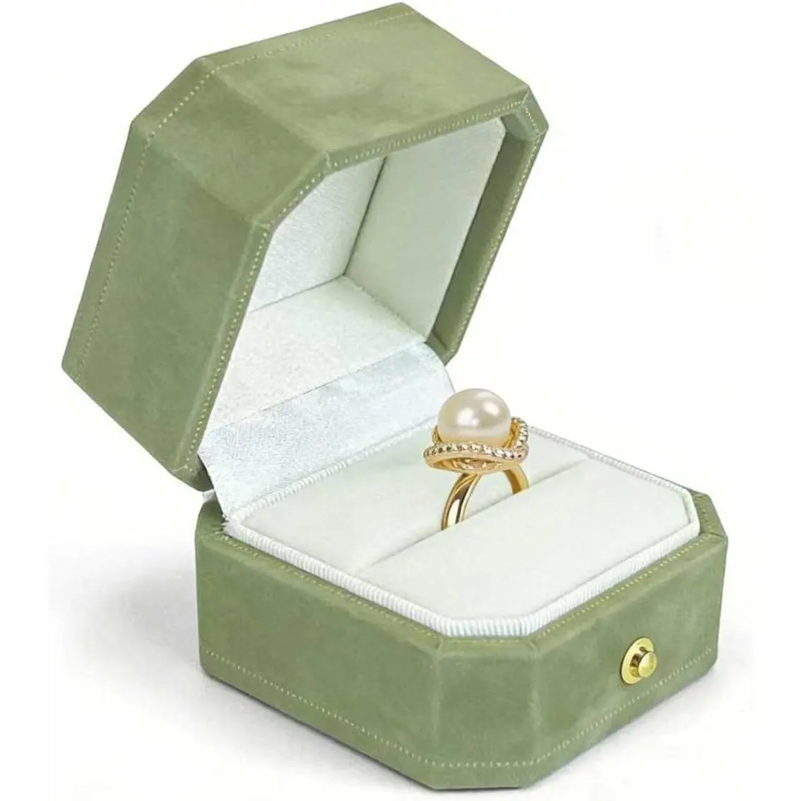 Octagon Velvet Ring Box with Hinged Lid - Engagement Proposal Wedding Jewelry Box with Gold Lace, GreenGift