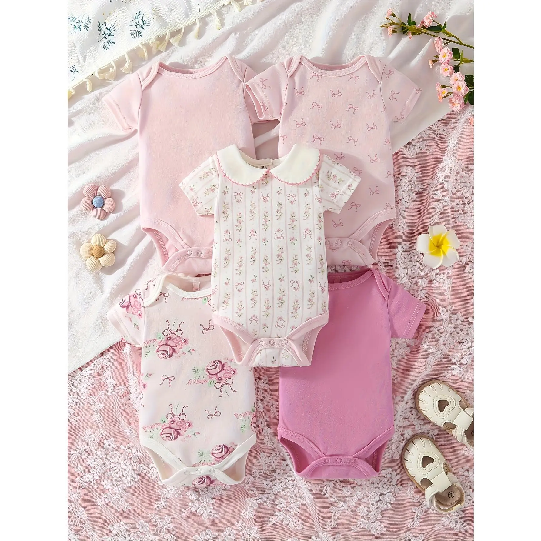 Baby Girl 5-Pcs Short-Sleeved Floral Triangle Jumpsuit Set, Outdoor Crawling Outfits, Cute Flowers