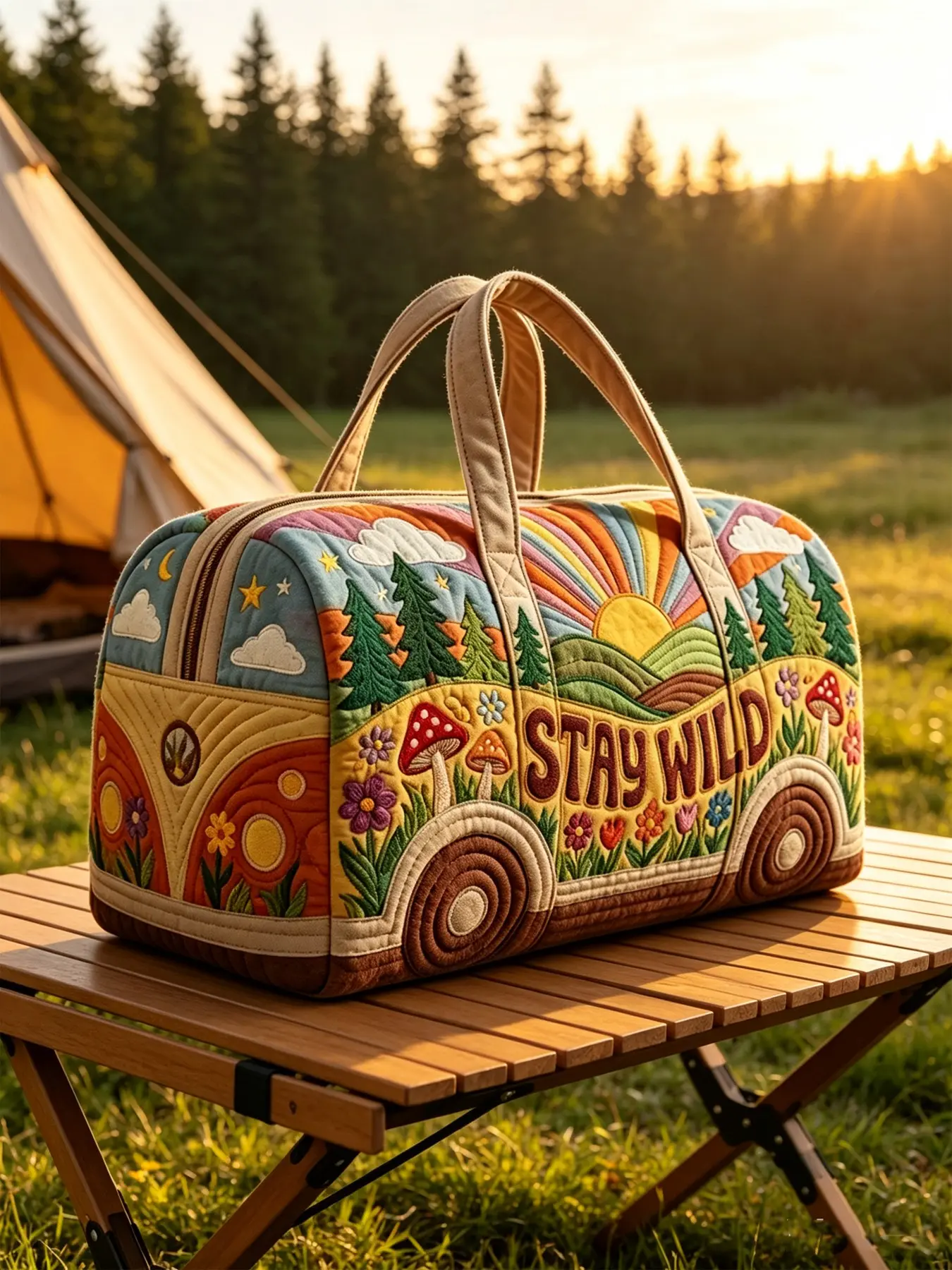Retro Camper Handbag, Large Capacity Quilted Travel Duffle, Large Travel Weekender Bag, Ideal for Camping & Daily Use