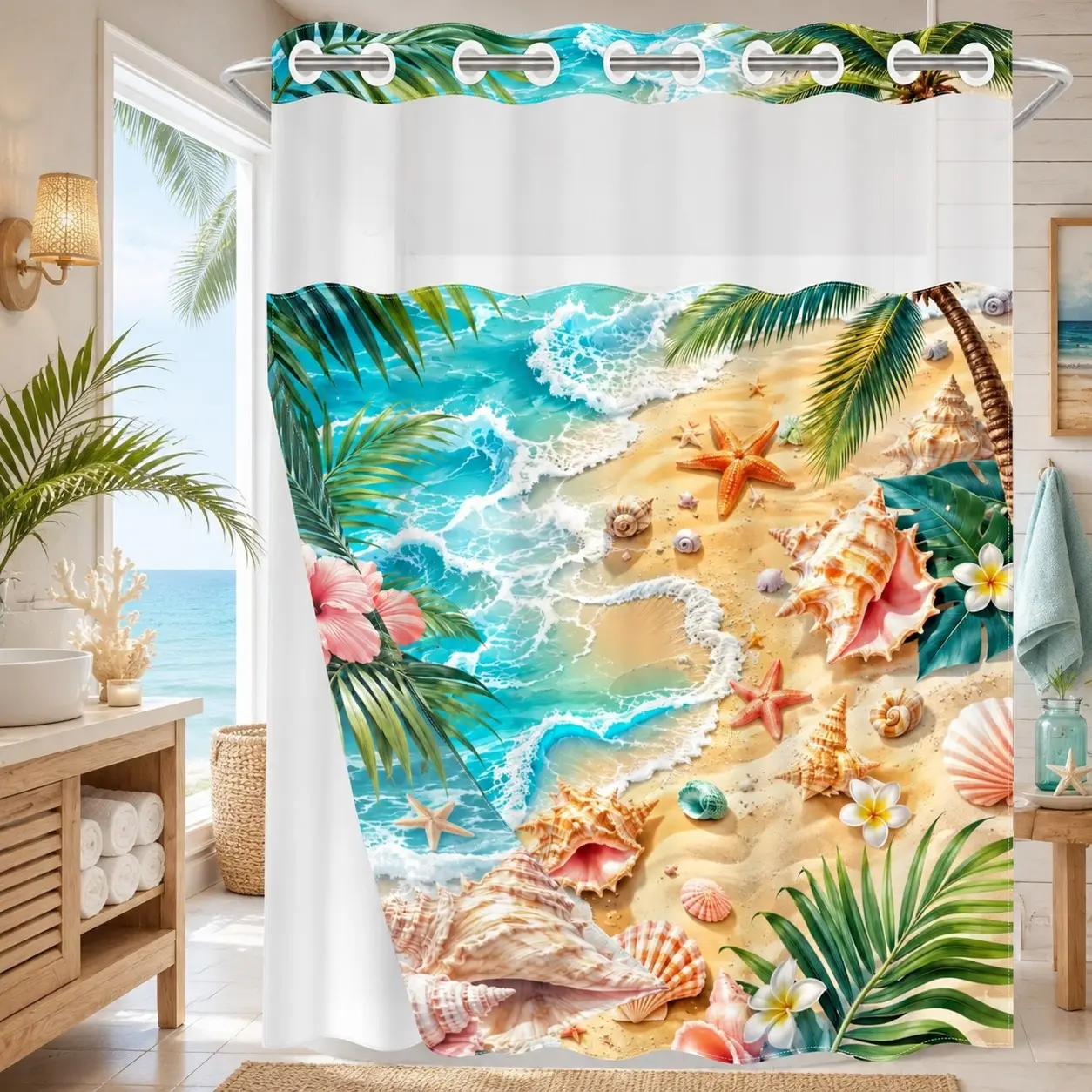 1Pc Hookless Waterproof Summer Shower Curtain, Summer Shower Curtains For Bathroom, Palm Shell Wave Beach Print, Quick Dry Mildew Proof Fabric, Removable Snap-in Liner Accessory, Top See-Through Window, Divider Curtain 71×74 Inch