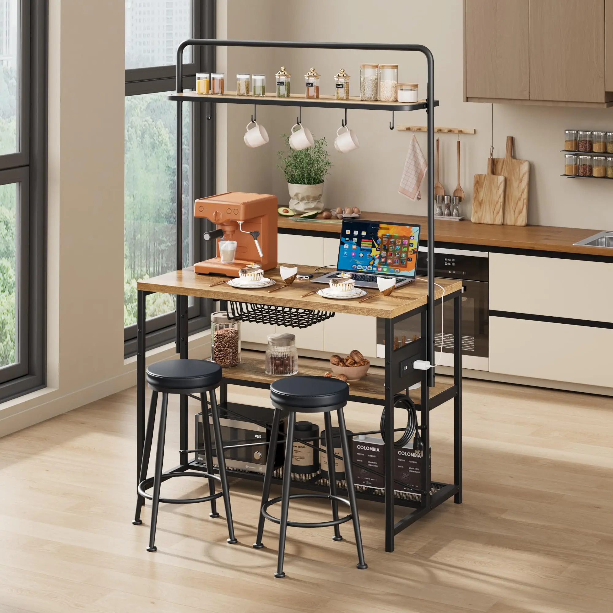Natural Wood 3-Tier Small Kitchen Island with Power Outlet, Includes Stools (2 Pieces), Industrial Look Home Organizer Storage Rack