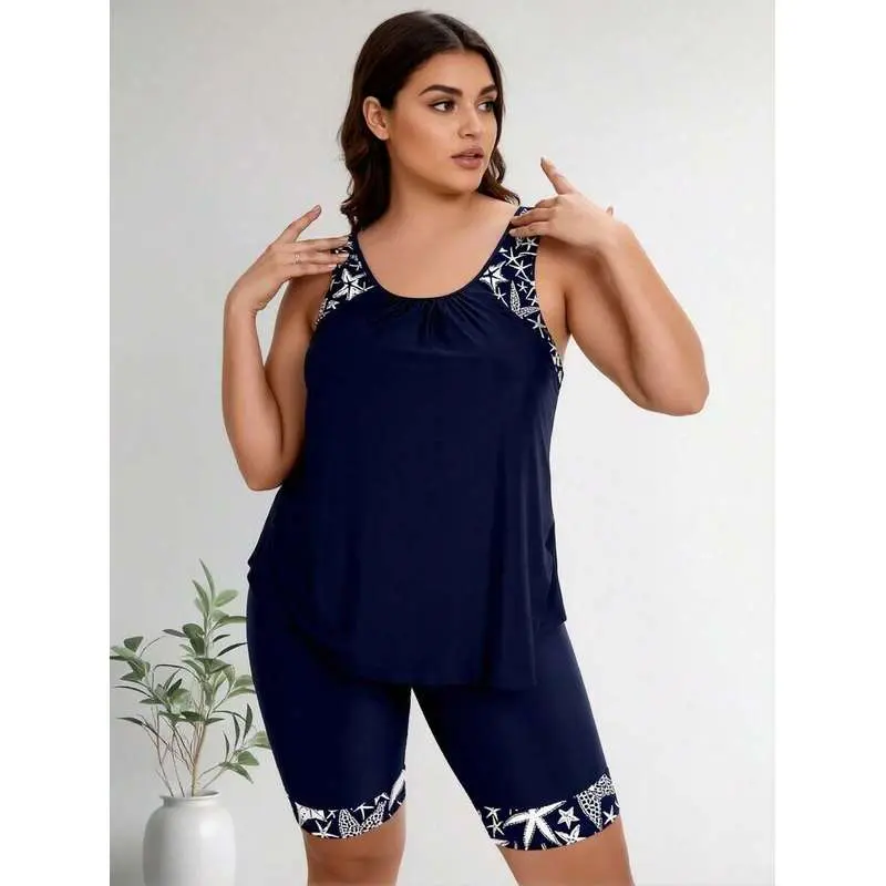 Women's Plus Size Starfish Print Tankini Set - Loose V-Wired Top, High Waist Capri Bottoms, Modest 2-Piece Beach Wear for Vacation