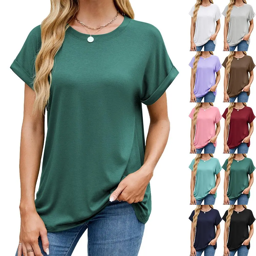 Women’s Relaxed Crew Neck T-Shirt, Rolled Cuff Short Sleeve Loose Fit Basic Tee, Soft Stretch Casual Summer Work Travel Top