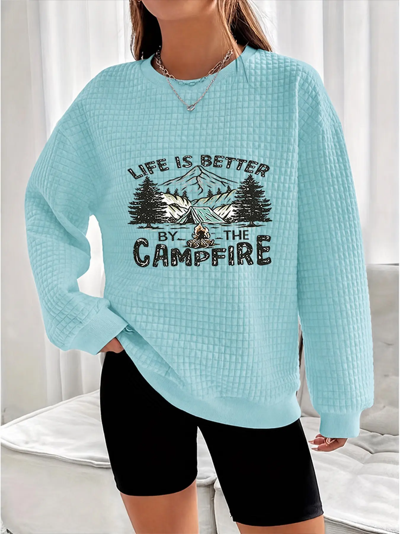 New Women's Fashion Waffle Long Sleeve Round Neck Sweatshirt, Casual Minimalist Style, Spring Summer Fall Winter Top