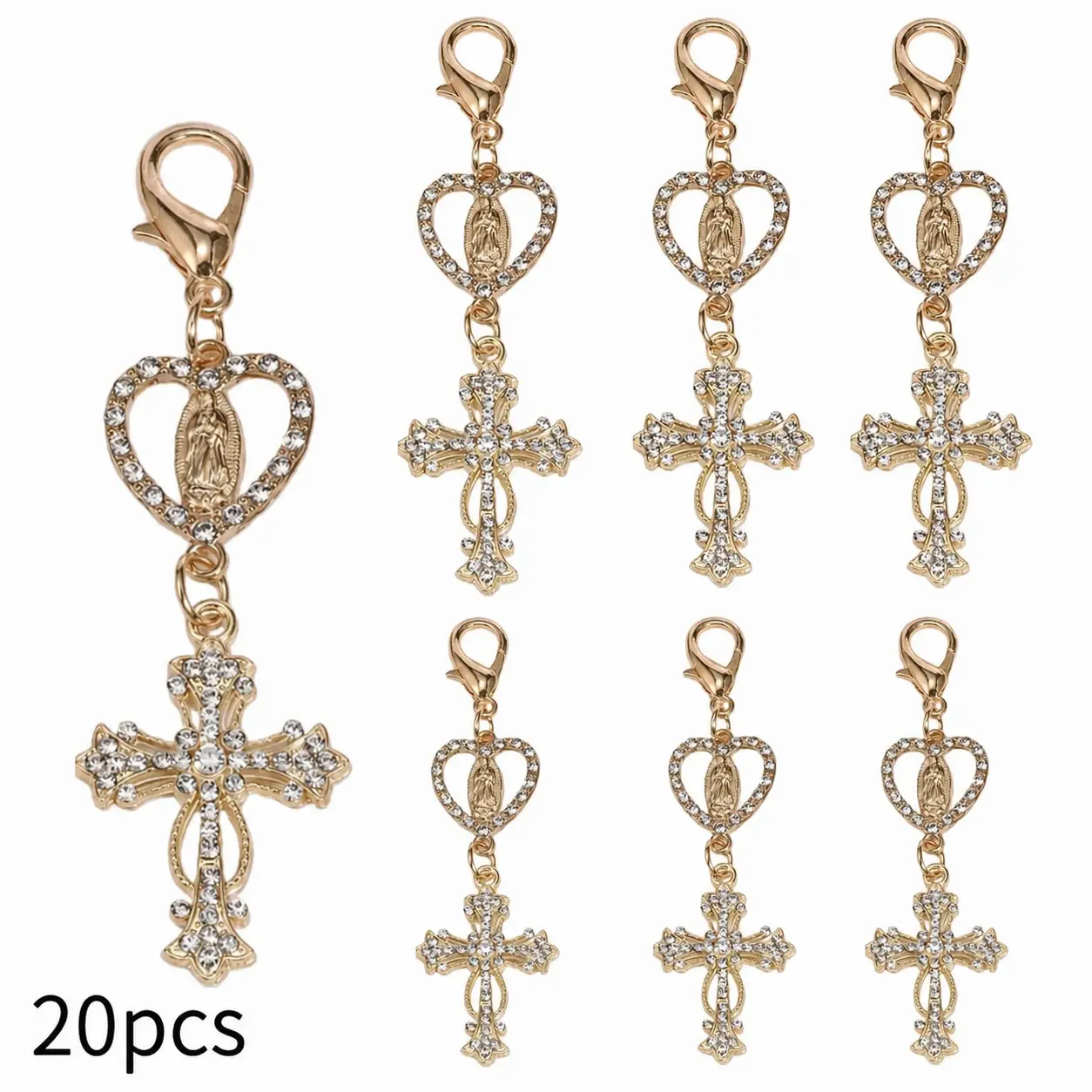 20 Pcs Pearl Rhinestone Cross Keychain Charms, Religious Cross Bag Charms for Baptism, First Communion, Wedding Favors, Key Chain Accessories, Keychain Accessory, Key Ring Accessory