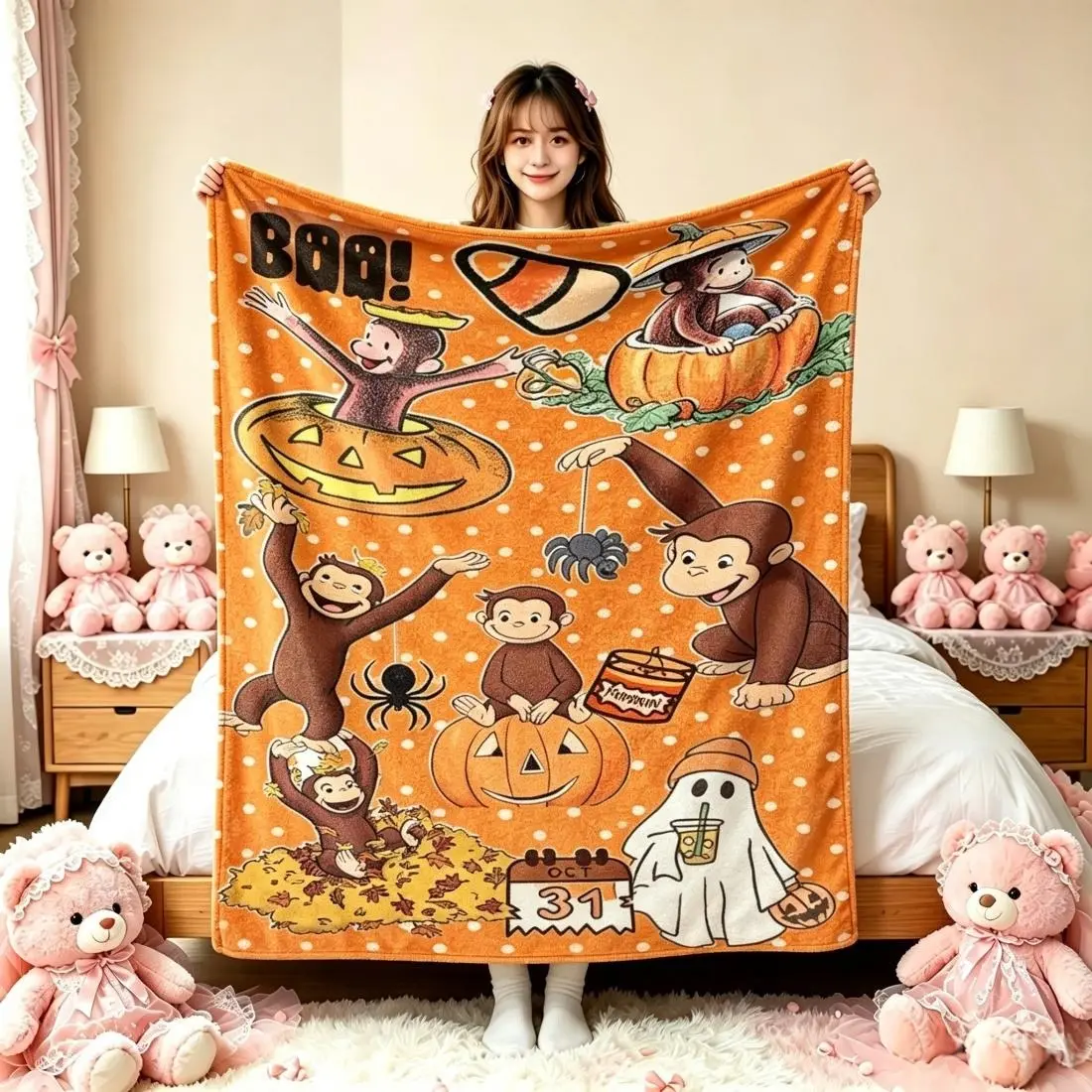 Curious George Halloween Flannel Throw Blanket - Fall-Themed Pumpkin, Spider, Ghost Cartoon Print, Soft Cozy House Decor Sofa Bed Cover, Ideal Gift for Kids (Halloween, Birthday)