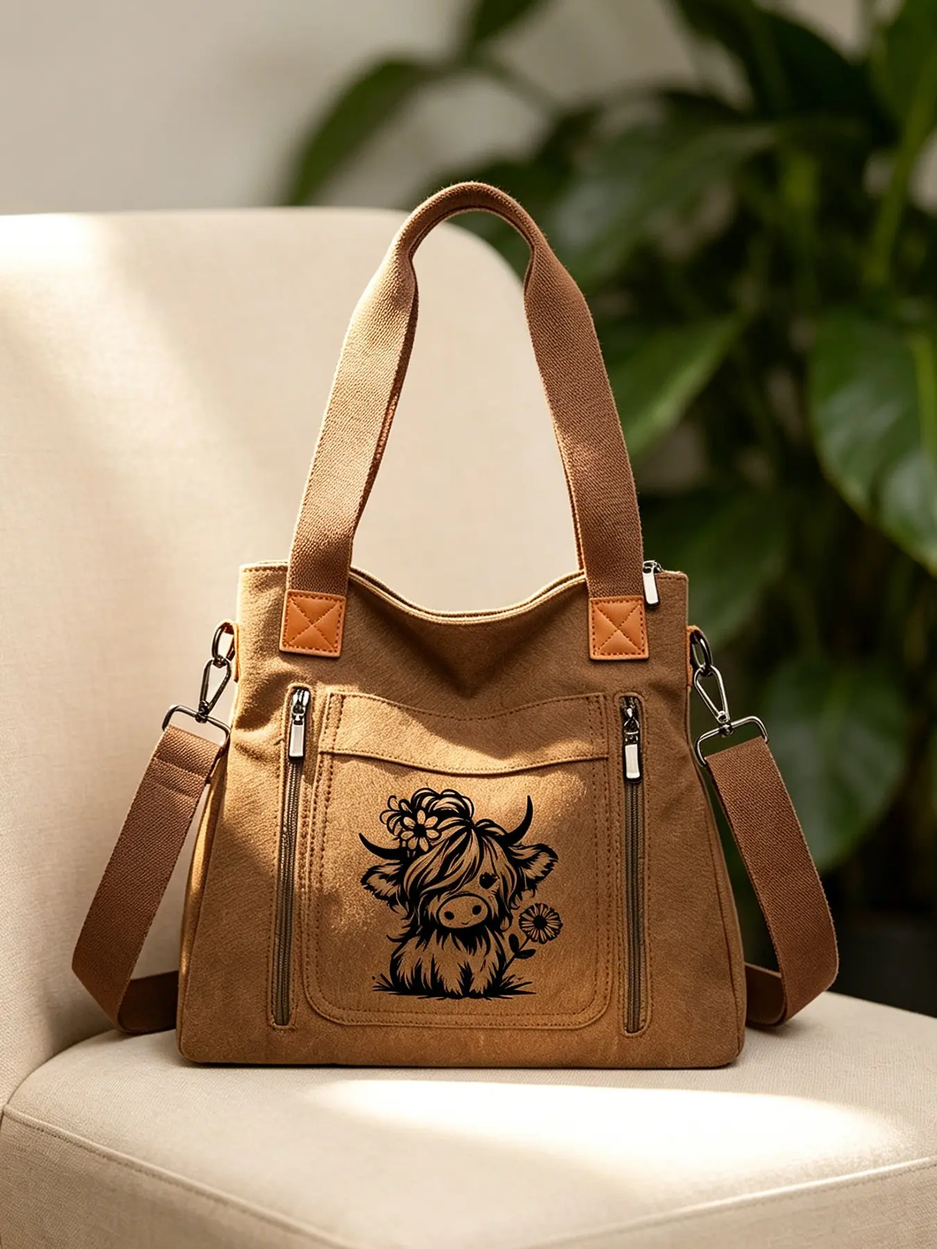 Highland Cow Pattern Fashion Tote Bag, Fashionable Casual Bag, Large Capacity Minimalist Crossbody Shoulder Bag, Zip Closure, Suitable for Office, Students, Adults