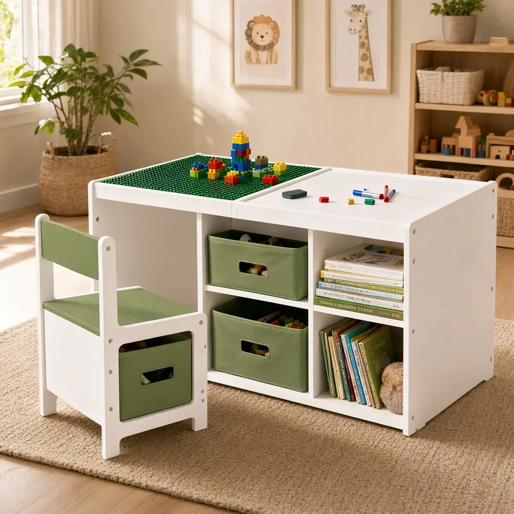 Kids 2-in-1 Play Table and Chairs Set with 7 Storage Compartments, LEGO-Compatible Reversible Tabletop, MDF Activity Learning Furniture for Playroom Classroom, White+Green, Assembly Required
