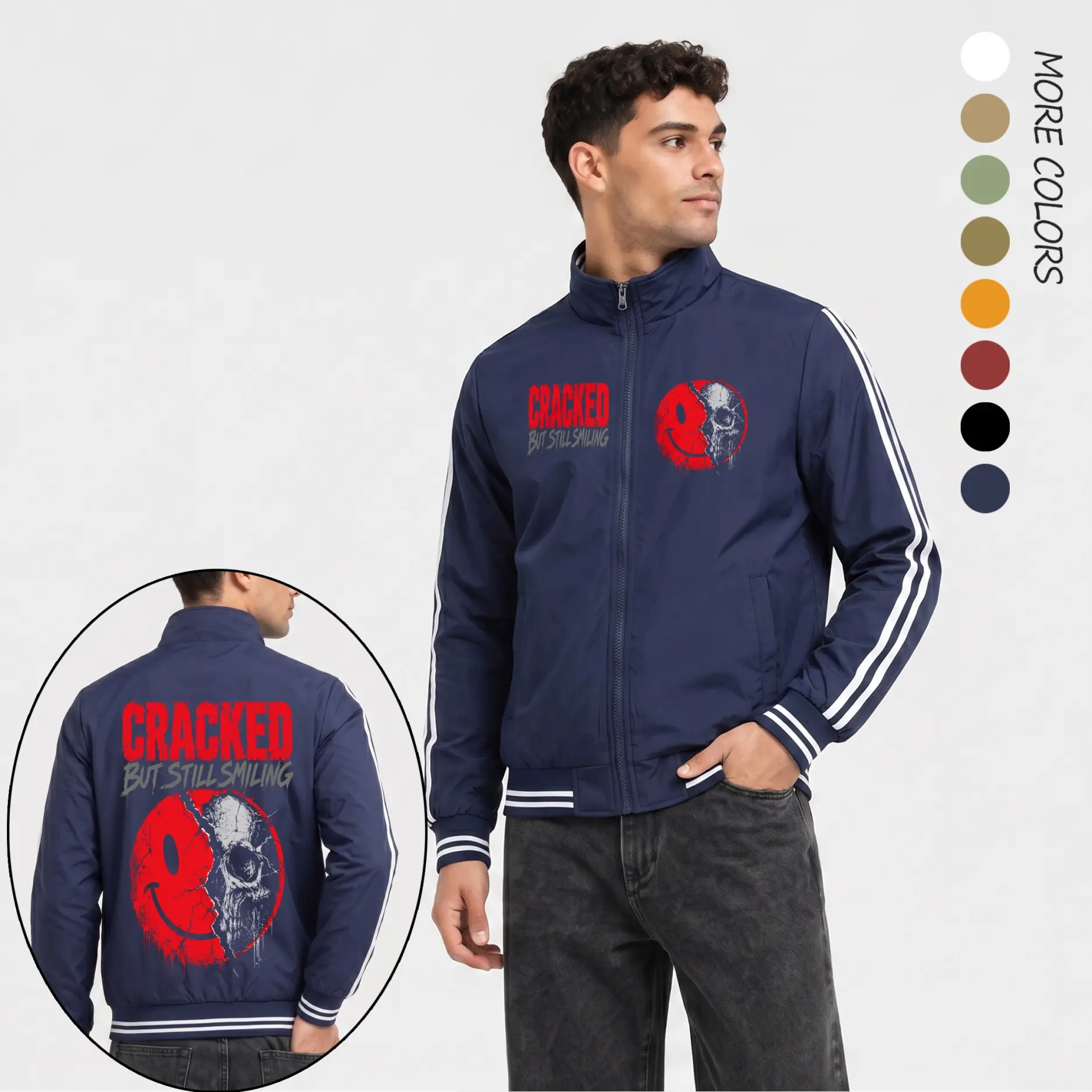 Men’s Cracked Smile Skull Graphic Print Thin Bomber Jacket - Dark Streetwear Menswear Tops Coats, Striped Sleeve, Split Face Horror Design, Full Zip, Ribbed Hem, Urban Casual Flight Jacket, Lightweight, Flying Jacket