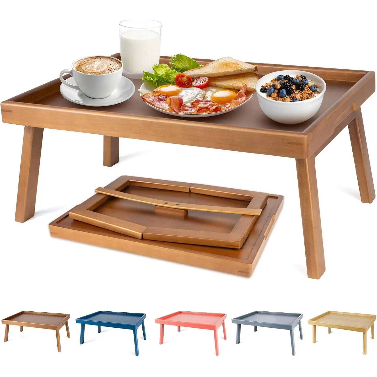 Patented Bamboo Bed Table Tray with Support Bar & Foldable Legs, Multi-Use Lap Tray for Bed, Sofa Eating & Laptop Use