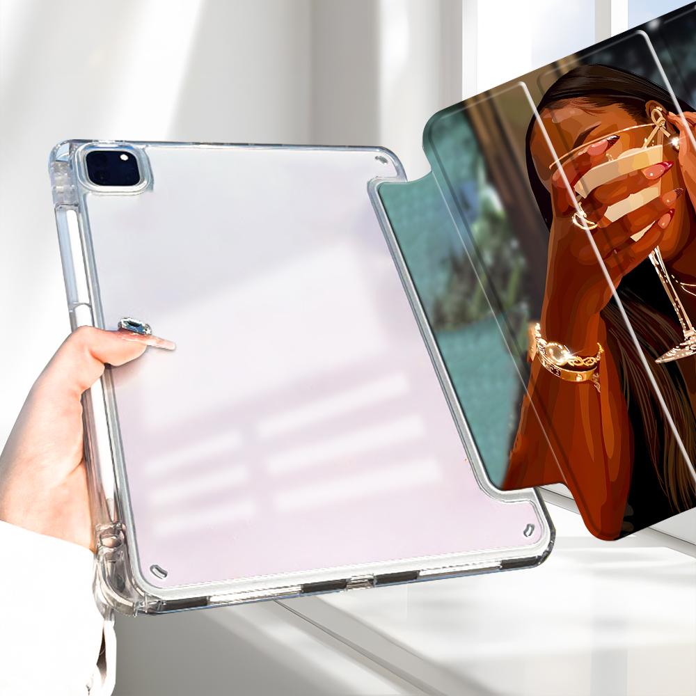 Glamorous Cocktail Lady Design Three-tiered stand iPad case, Transparent Acrylic Hard Back Panel With Pencil Slot, Suitable for All models ipad.Scratch-resistant Ultra-thin Protective Case, Shock-resistant Full Cover for Offices Schools Home Tablet Casing