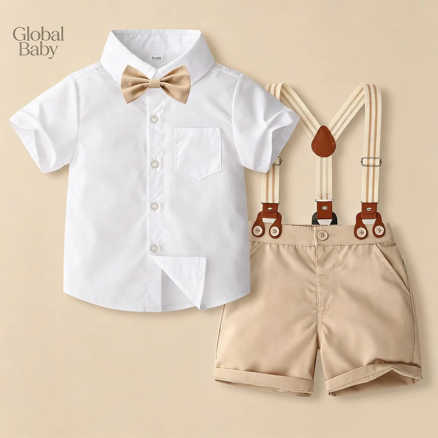 Nfant Baby Boy Formal Outfit - Short Sleeve White Shirt + Bow Tie + Suspender Khaki Shorts, 2pcs Gentleman Suit For 1st Birthday Cake Smash, Baptism, Wedding Guest, Toddler Boys
