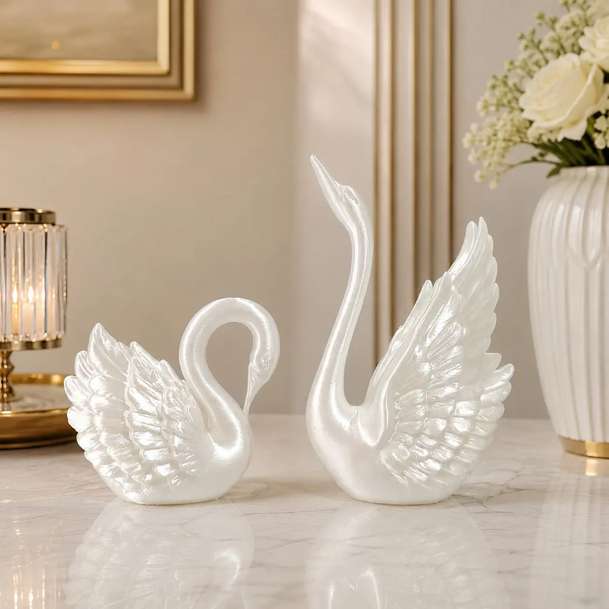 Swan Twin Piece Desktop Decor, Elegant Winged Sculpture, Living Room Ornaments, Home Decoration Ornaments, Ideal for Living Room, Bedroom, Wedding, Holiday Gifts