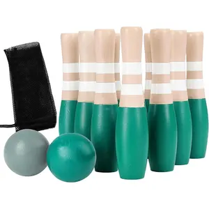 Wooden Lawn Bowling 9" Skittles Set with Carrying Mesh Bag for Indoors and Outdoors - 10 Wooden Pins and 2 Balls, Green/Turquoise and Grayfidget toys