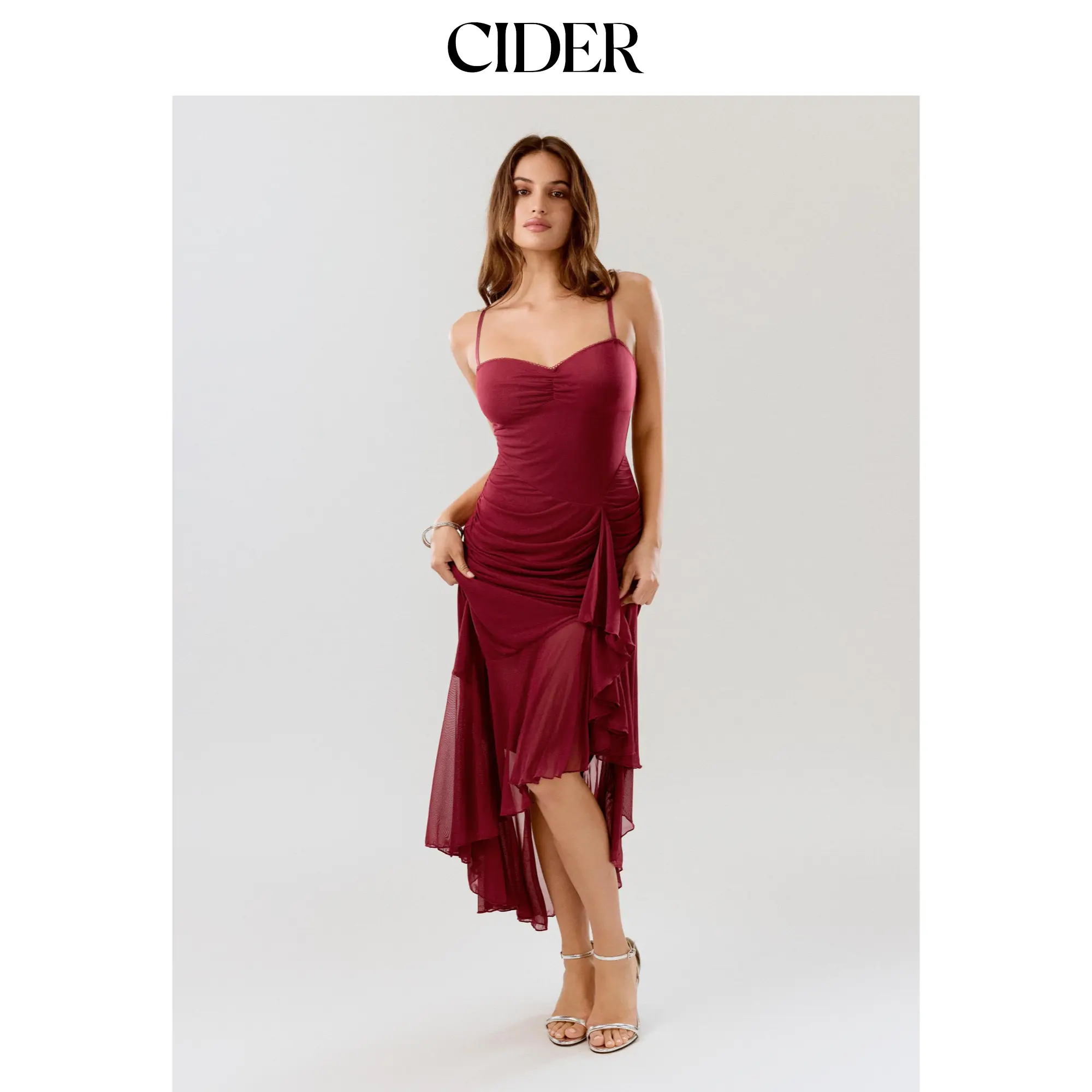 mesh sweetheart ruched maxi dress Mesh Sweetheart Neckline Ruched Long Sleeve Midi Dress