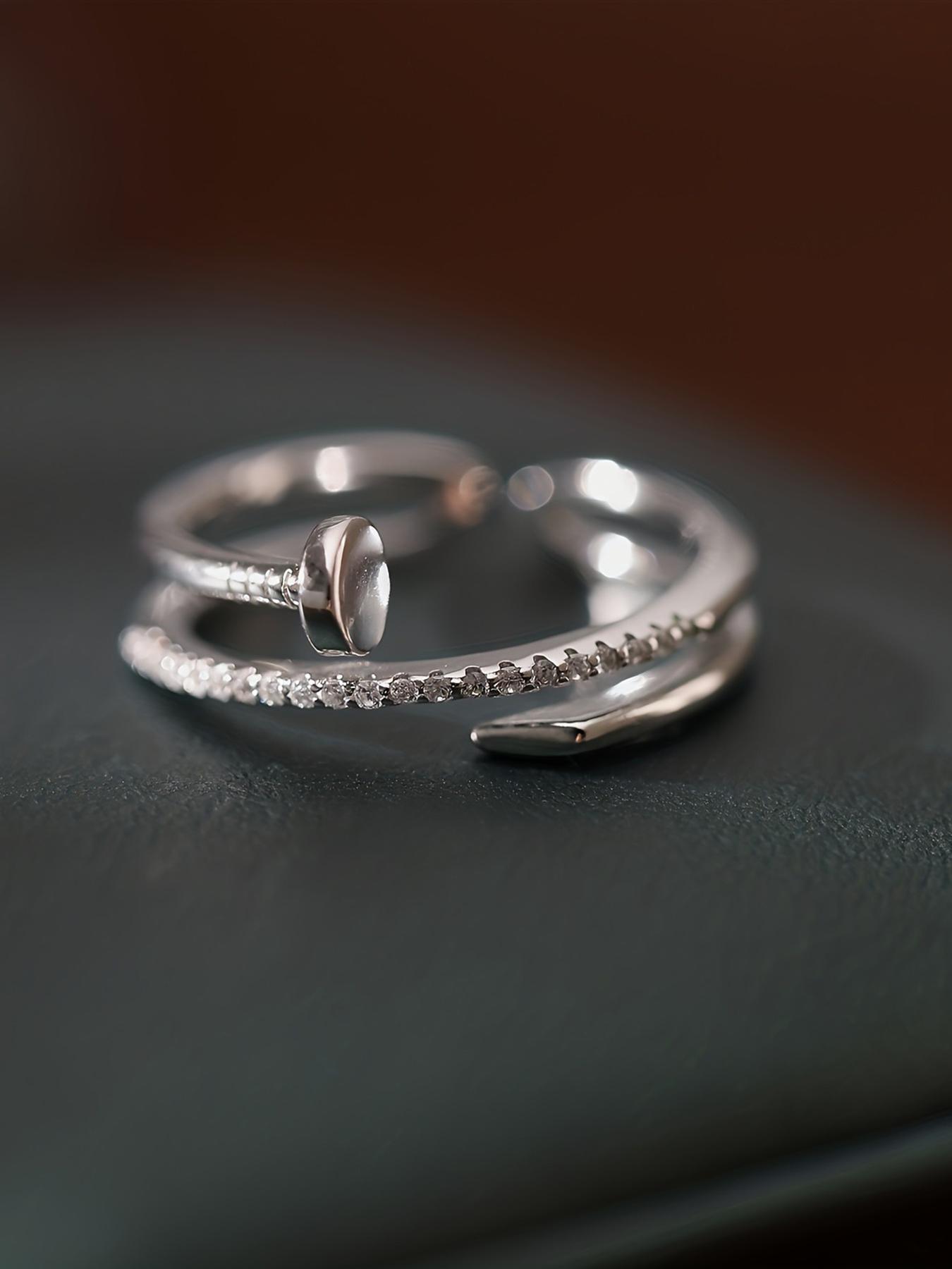 S925 Sterling Silver Fashionable Nail Design Ring, Artificial Zircon Decor Ring for Women, Trendy All-match & Exquisite Jewelry for Birthday Gift, Interlocked Stackable Rings