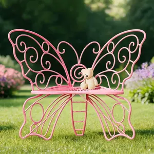 36 Inch Outdoor Garden Seat, Lovely Butterfly Pattern Bench with Metal Frame, Weather Resistant Porch Furniture for Lawn, Backyard, Garden and Balcony, Pink Tone