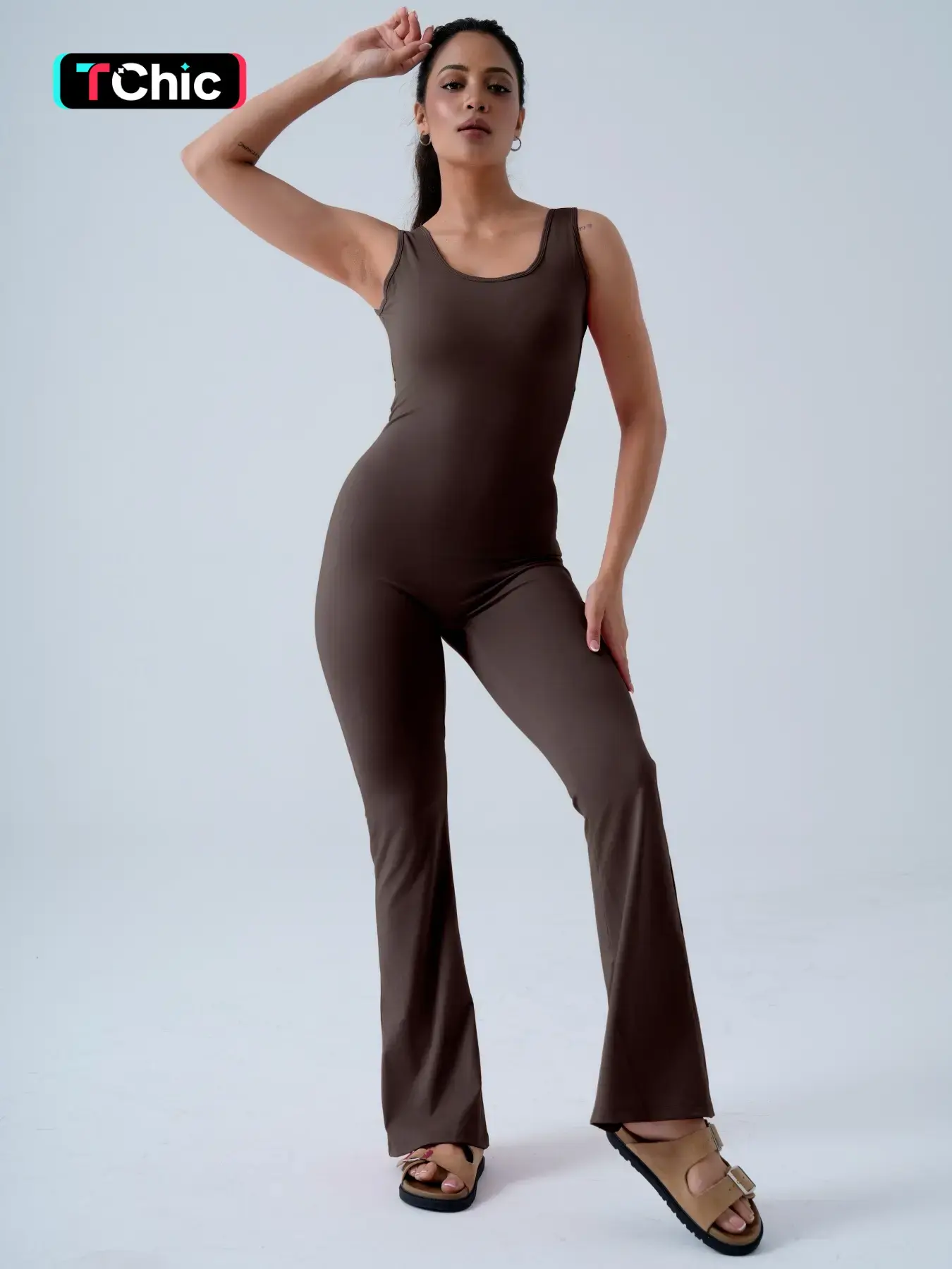 Women's Flared Leg Jumpsuit, Sleeveless with Built - in Bra, Back Cut - Out, Perfect for Active & Leisure