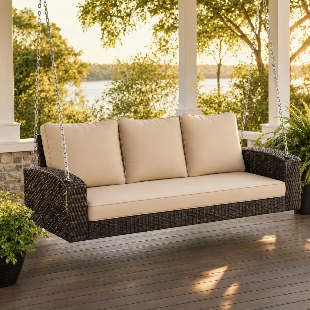 ARCH GO 69-in Handwoven All-Weather PE Wicker Rattan 3-Seat Porch Swing with Chains, Breathable Cushions, 19.9 in. Height, 22.4 in. Width, Quick Setup for Backyard, Poolside